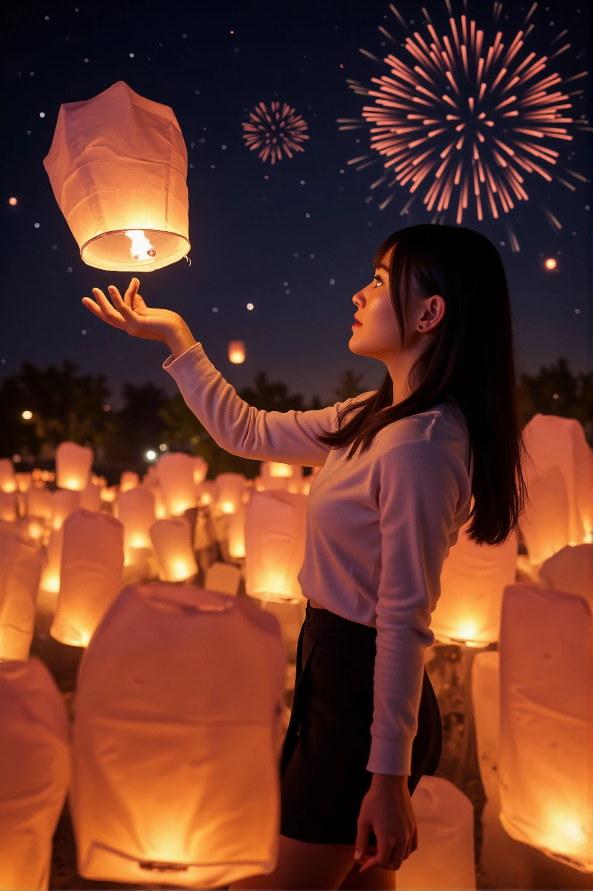 A waifu stands amidst a sea of floating lanterns, their warm glow reflecting in her awestruck eyes. She reaches out, her fingertips grazing the soft paper of a lantern as it drifts toward the sky. The night air is filled with quiet whispers, a contrast to the vibrant fireworks above. The moment has a cinematic feel, full of magic and serenity, framed by the beauty of the natural elements around her.
<lora:anime-waifu-flux:1>