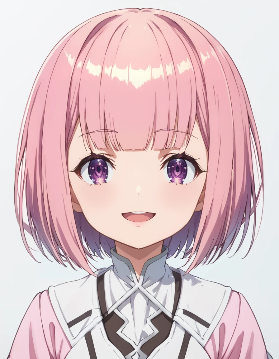 score_9, score_8_up, score_7_up, source_anime, BREAK
1girl, solo, looking at viewer, light smile, simple background, open mouth, upper body, portrait,
short hair, pink hair, bob cut, blunt bangs, purple eyes,
white dress, pink coat,
lululi ashford (girumasu),
<lora:lululi_ashford-girumasu_s1-pxl-anime-soralz:1>