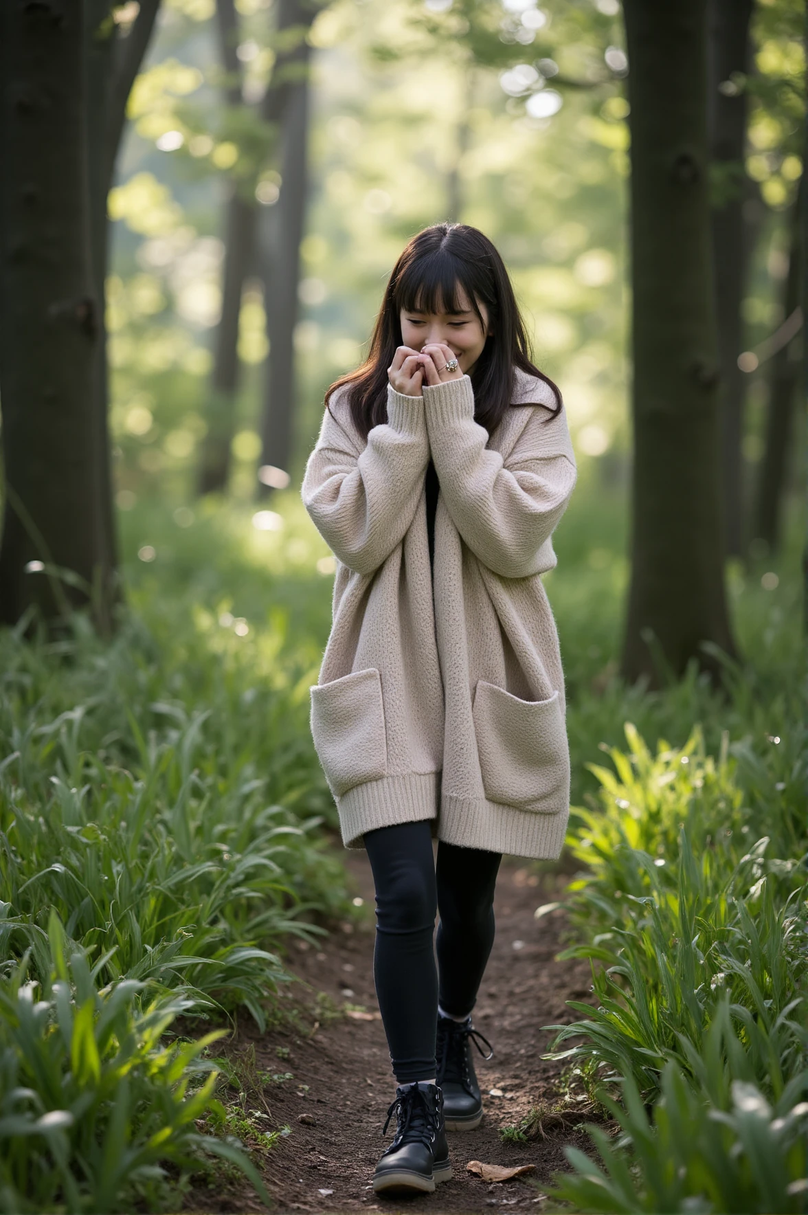 In a mossy forest glade, a waifu walks along a dew-kissed path, wrapped in an oversized wool cardigan. The morning soft light streams through the towering trees, illuminating the mist that clings to the air. She breathes deeply, appreciating the natural elements around herâthe scent of damp earth, the rustle of leaves, the distant call of a bird. Her gentle smile is one of quiet contentment, capturing a peaceful, almost ethereal moment.
<lora:anime-waifu-flux:1>