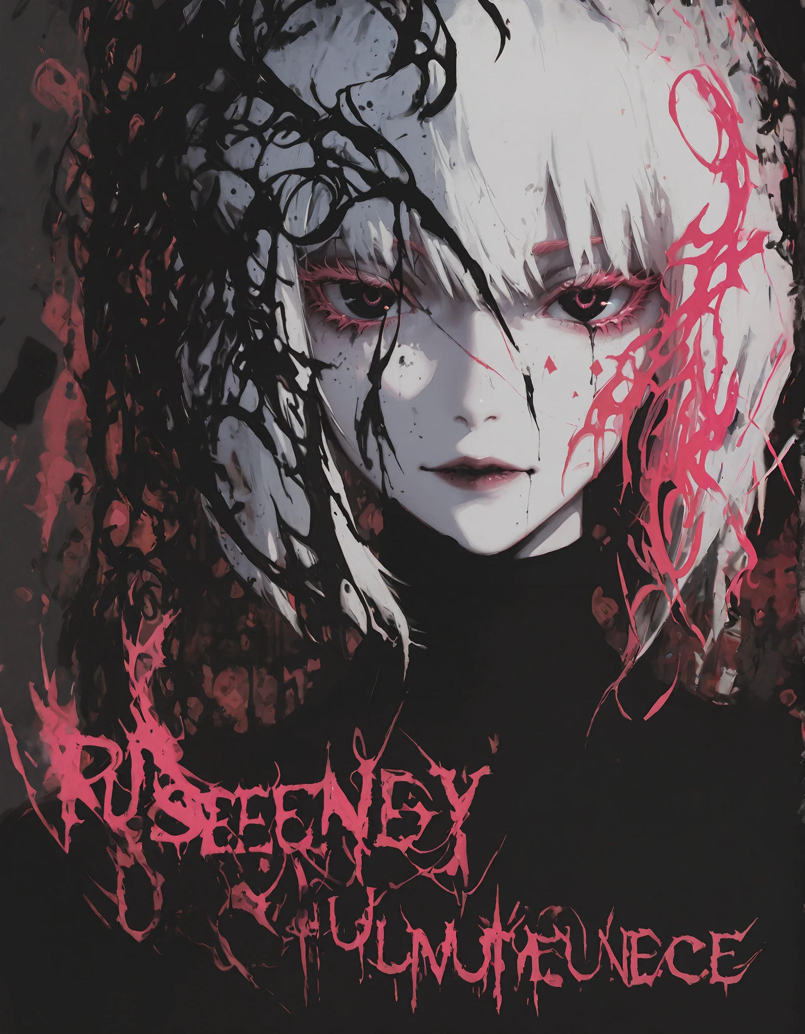 masterpiece, newest,absurdres, incredibly absurdres, h4rdcry1ng_illu, <lora:hardcry1ng:1> ,abstract, english text,shapes,Abstract portrait, ethereal female figure, white hair, pink eyelashes, black ink splatters, delicate brushstrokes, pale skin, minimalist features, contrasting colors, soft textures, artistic expression, modern art style, digital painting, surreal atmosphere, emotional depth, haunting beauty, manga influence, dreamy aesthetic, high contrast, subtle details
