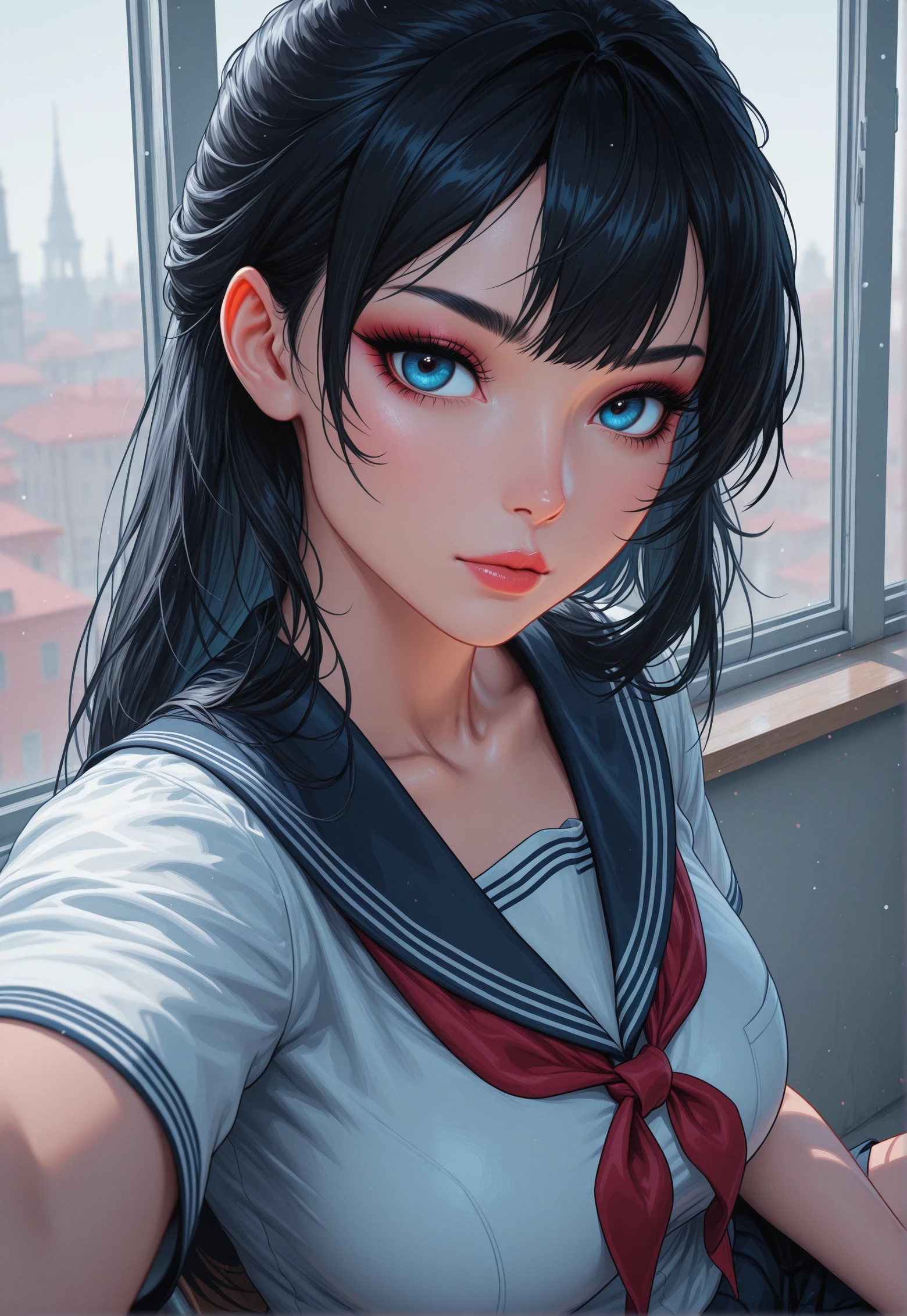 1girl, black hair, blue eyes, closed mouth,
masterpiece, best quality, looking at viewer, (vijbrant, red accent, <lora:vijbrant:1>),
1girl, sitting, school uniform, detailed eyes, window, upper body, selfie