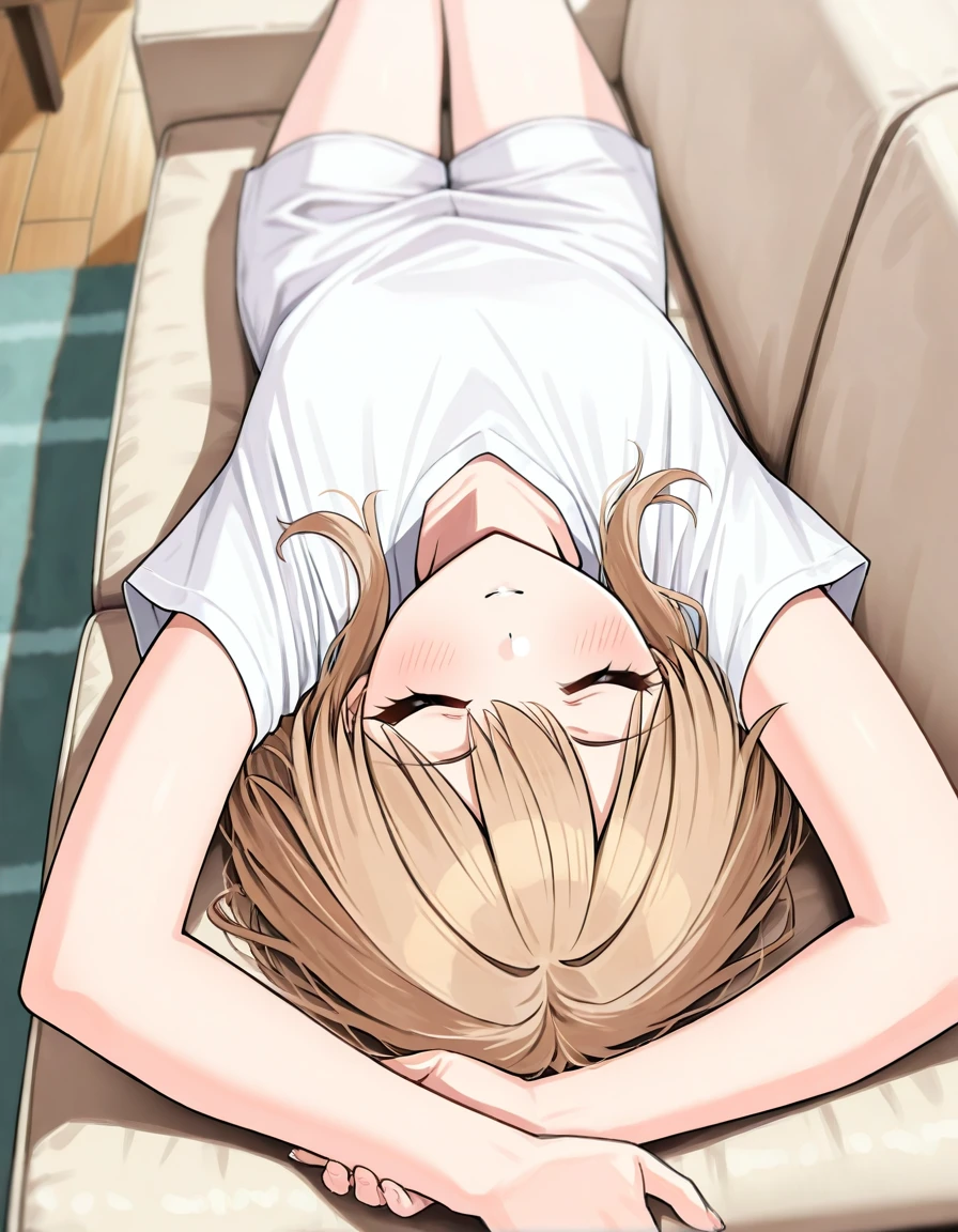 1girl, general, pov, from above, on couch, living room, lying, arms up, closed eyes, masterpiece, highres, absurdres, very aesthetic, newest, best quality, good quality