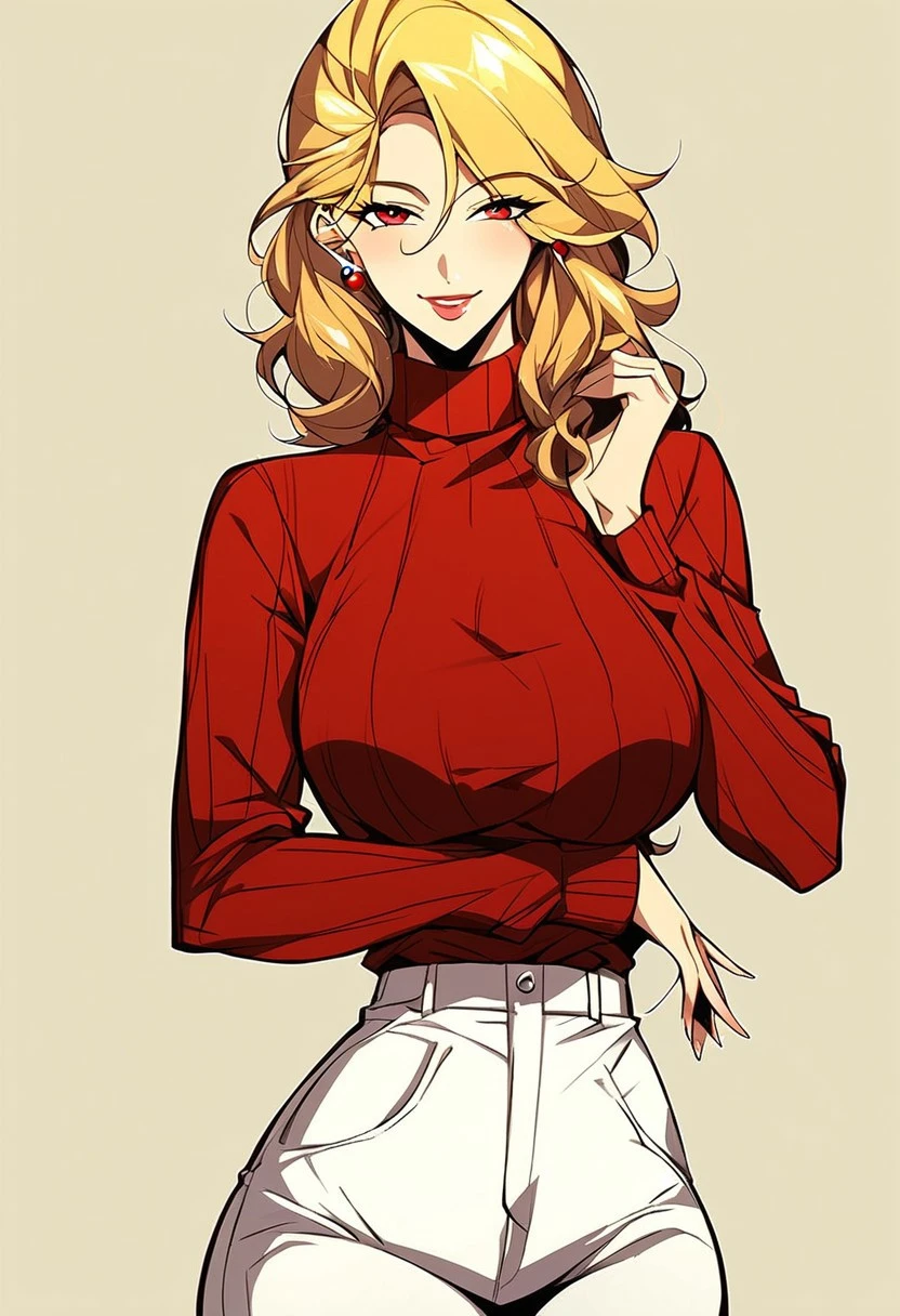 score_9, score_8_up, score_7_up, source_anime, BREAK, easynegative, FastNegativeV2, EasyNegativeV2, haganef style, breasts, 1girl, solo,sexy body , young, anime, mature, young, adult, sexy BODY, SLIM WAIST, 1GIRL, SOLO, legs, body mature, and adult, legs,large breasts,,mature woman, large breasts, adult, mature body, five fingers, smile. manhwastyle,
Gina, 1girl, solo, large breasts, blonde hair, medium hair, wavy medium-length hair, red eyes, sweater, red sweater, and long pants.