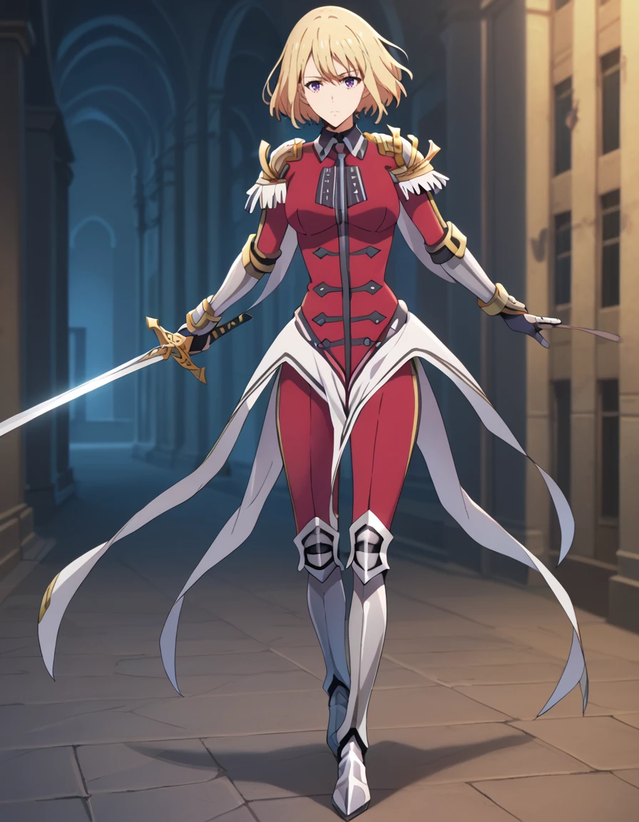score_9, score_8_up, score_7_up, source_anime, uncensored, BREAK
1girl, solo, looking at viewer, gradient background, standing, full body, expressionless,
short hair, blonde hair, hair between eyes, purple eyes,
hunter outfit, red bodysuit, pauldrons, epaulettes, cape, gauntlets, black gloves, armored boots, holding sword,
shizuku kousaka (na honjaman level up),
<lora:shizuku_kousaka-na_honjaman_level_up_s2-pxl-anime-soralz:1>