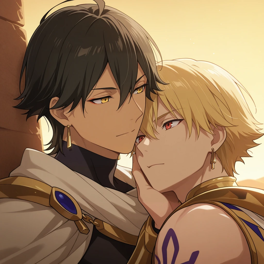 masterpiece, best quality, amazing quality, very aesthetic, absurdres, newest, cinematic lighting, depth of field, intricately detailed illustration, absurdres, newest
Portrait, from the front, slightly from underneath, 2 boys, male focus, yaoi, Ozymandias, shares a moment of laughter with Gilgamesh (Caster), heartfelt embrace, hugging, playful, touching cheeks, looking towards the horizon where the sun paints the sky in hues of orange, pink, and gold, creating a stark, beautiful contrast against the Egyptian desert and the serene flow of the Nile River. Their relaxed poses and the golden armor of Gilgamesh (Caster) catch the light, making the scene even more majestic, Dynamic pose, dynamic angle,
<lora:FGO_Ozimandias:0.8> ozimandias, black_hair, short_hair, bangs, yellow_eyes, earrings, jewelry, brown_skin, black_bodysuit, sleeveless, white_cape
<lora:gilgamesh:0.8> gilgamesh,blonde hair,short hair,red eyes,bangs, naked