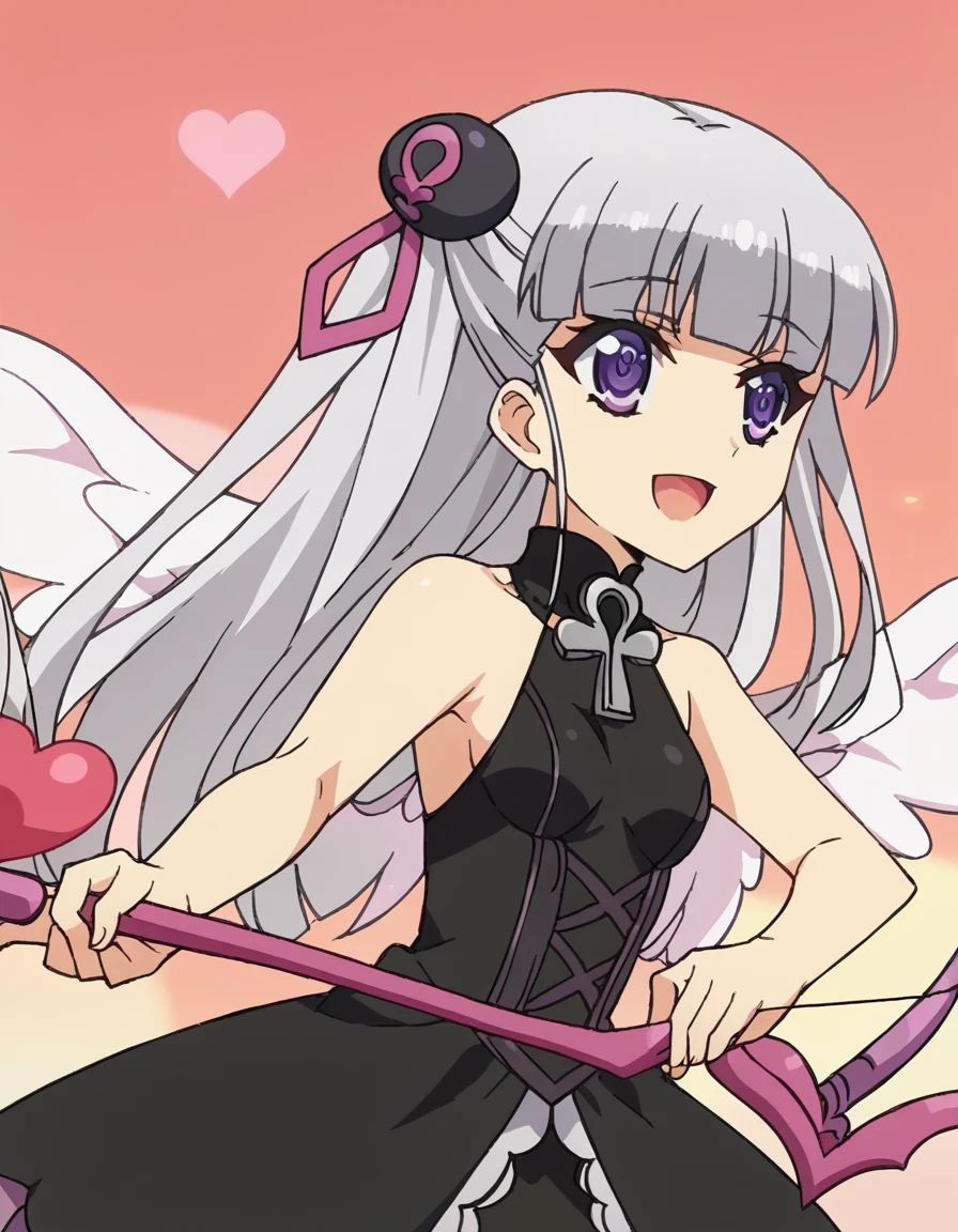 score_9, score_8_up, score_7_up, source_anime, <lora:maria-naruse-s2-ponyxl-lora-nochekaiser:1>, maria naruse, long hair, purple eyes, grey hair, blunt bangs, half updo, hair ornament, mature female, small breasts, anime screencap,, <lora:cupid-ponyxl-lora-nochekaiser:1>, cupid, dress, bare shoulders, weapon, heart, wings, bow (weapon), arrow (projectile), angel, smile, open mouth, heart arrow,, , cowboy shot, solo