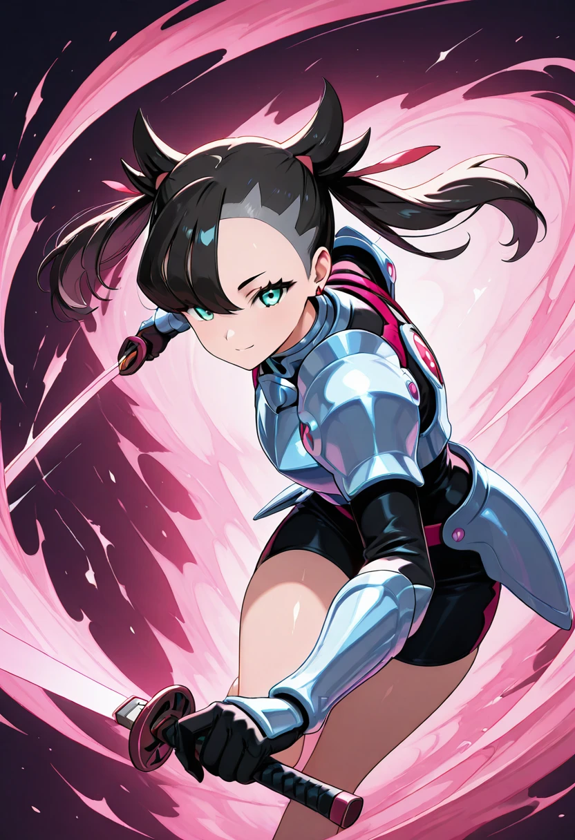 masterpiece, best quality, solo, curvy, beautiful eyes, zzMarnightCitron, aqua eyes, black hair, asymmetrical bangs, twintails, hair ribbon, ribbon, jewelry, earrings, medium hair, armor, shoulder armor, breastplate, gloves, black gloves, (dynamic pose, sword, incoming attack, motion lines,:1.2) , <lora:MarnightCitronOC_IXL_v1:1.0>, upper body, side view, smile, looking at viewer, shiny skin,