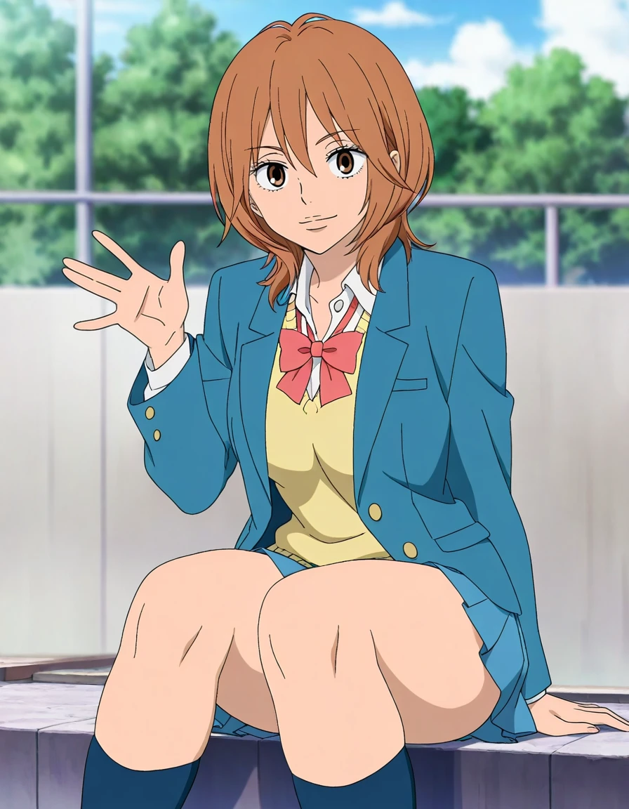 1girl, solo, yano ayane, kimi ni todoke, general, smile, waving, medium hair, brown hair, brown eyes, lips, blue jacket, yellow sweater vest, blue skirt, red bowtie, blue socks, medium breasts, thick thighs, medium breasts, thick thighs, outdoors, anime coloring, anime screenshot, masterpiece, highres, absurdres, very aesthetic, newest, best quality, good quality