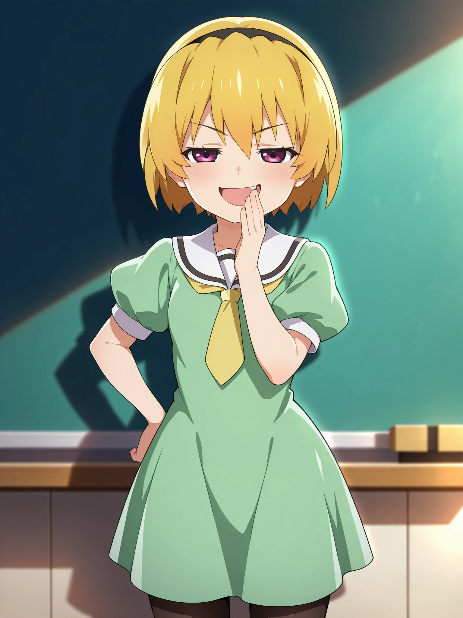 masterpiece, best quality, amazing quality, very aesthetic, absurdres,score_9, score_8_up,sharp focus , highres, , depth of field,, satokoIllustrious, chalkboard, ,blurry background,, standing, ,hand_on_own_hip , 1girl, solo, looking at viewer, smug, half-closed eyes, fang, ojou-sama pose , hand up, laughing, short hair, bangs, blonde hair, , dress, hair between eyes,open mouth, purple eyes, short sleeves, black pantyhose, , hairband, necktie, puffy sleeves, sailor collar, neckerchief, , black hairband, , sailor dress, green dress, white sailor collar, yellow neckerchief, houjou satoko, <lora:satokoIllustrious:1>
