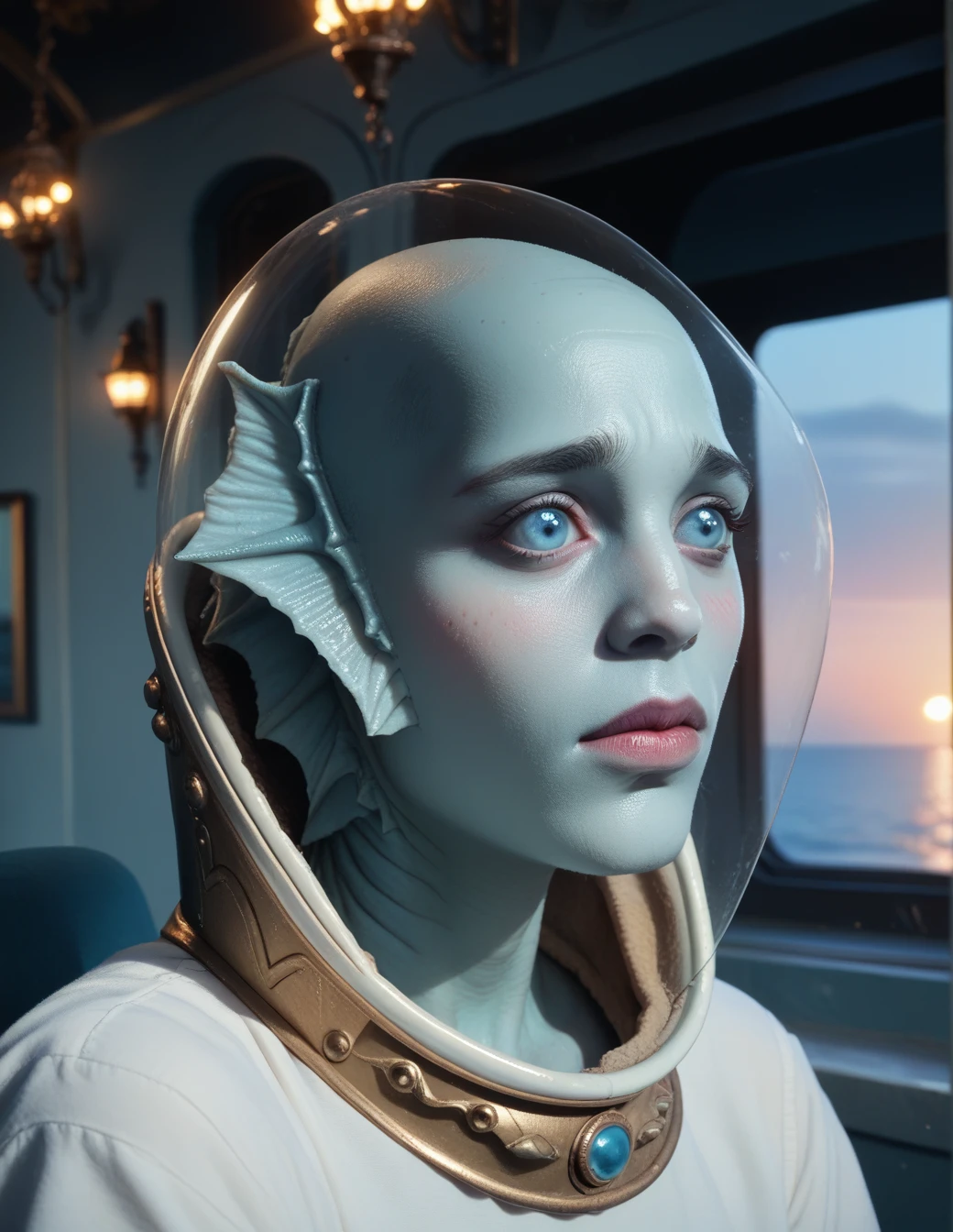 1girl, beautiful female, monster girl, sea monster, no eyebrows, blue eyes, fins, solo, bald, portrait, colored skin, glass helmet, castle interior, sunset lights, window, hyper realistic, detailed, shy, blushing <lora:Nina_Mazursky:0.6> nina, score_9, score_8_up, score_7_up, score_6_up