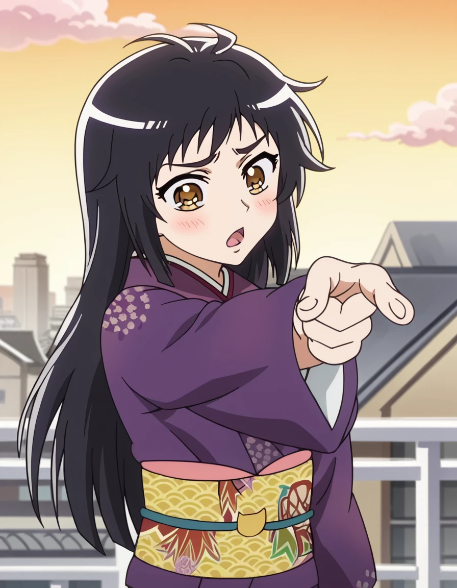 score_9, score_8_up, score_7_up, source_anime, <lora:shirayuki-mitsumine-s1-ponyxl-lora-nochekaiser:1>, shirayuki mitsumine, long hair, black hair, brown eyes, anime screencap,, japanese clothes, kimono, sash, obi, jitome, purple kimono, rooftop, sunset, cityscape, quiet moment, wind blowing, contemplative, , <lora:jotaro-kujo-pose-ponyxl-lora-nochekaiser:1>, jotaro kujo pose, kujo jotaro's pose (jojo), jojo pose, pointing, pointing at viewer, blush, open mouth, bed room,, cowboy shot, looking at viewer, solo,, cowboy shot, solo