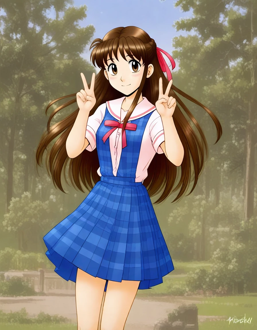 <lora:Hyper-SDXL-8steps-lora:1>, source_anime, score_9,1girl,solo
<lora:Anime_pat-000002:0.3>
<lora:KATSURAGI_ayane_PONYXL:0.9> KATSURAGI_ayane,brown hair, brown eyes, long hair, , plaid, , hair ribbon, school uniform,blue sleeveless dress,short sleeve shirts,skirt,white socks, loafers,
smile,,double v sign hands,cowboy shot,