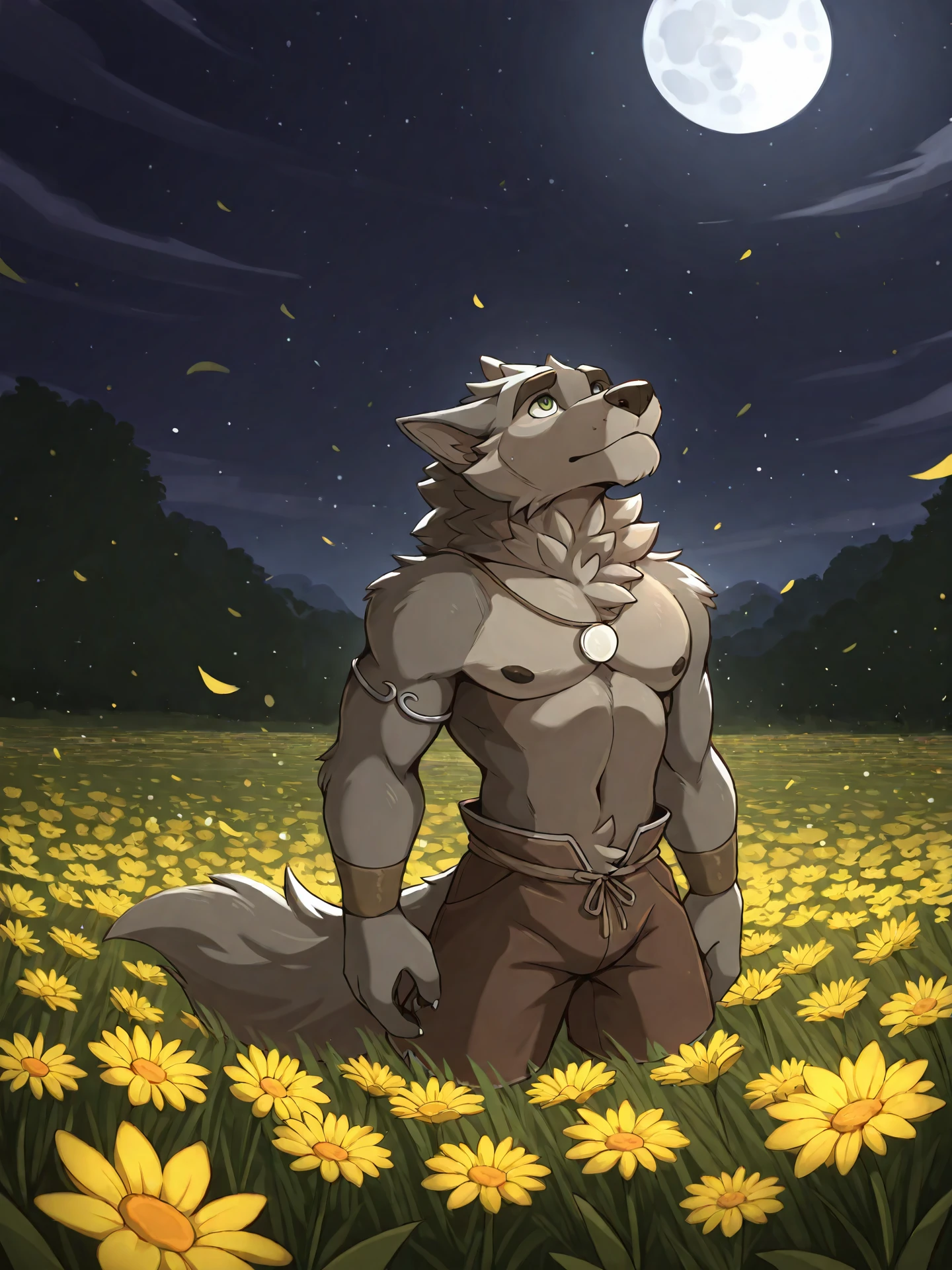 <lora:RanokIL:0.9>, ranok, ranok \(far beyond the world\), solo, male, green eyes, yellow flower, flower field, small flowers, wind, full moon, moon light, brown shorts, topless, looking up, jewelry, male focus, dynamic angle
BREAK masterpiece, best quality, amazing quality, very aesthetic,highres, absurdres, detailed background, detailed eyes, beautiful, particles,