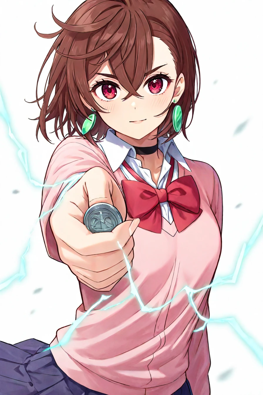 <lora:ayase_momo-koto-Illustrious v01:0.6> ayasemomo, hair between eyes, crossed bangs, green earrings, brown hair, red eyes, black choker, short hair, white shirt, red bowtie,pleated skirt,school uniform, pink cardigan, long sleeves, 1girl, solo, alone, <lora:railgun_technique_illustriousXL-000015:1>, coin, holding coin, facing viewer, looking at the viewer, electricity, electrokinesis, masterpiece, highres, white background, simple background