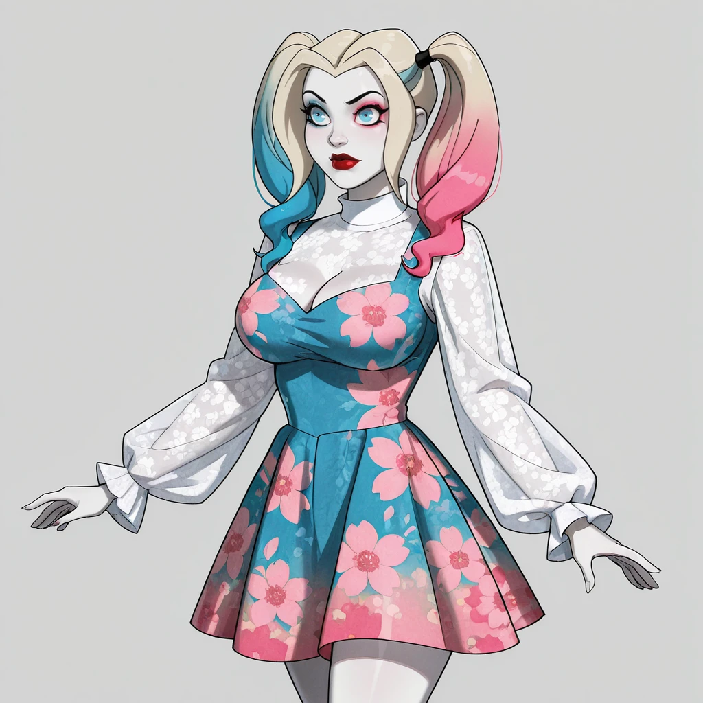 <lora:HarleyQuinnCartoon_illustrious_v1:1> HarleyQuinnCartoon, 1girl, solo, twintails, makeup, blue eyes, large breasts, lipstick, eyeshadow, blue blonde pink multicolored gradient hair, red lips, pale skin, cowboy shot, <lora:FloralJskDressILL:0.7> dress,floral print,long sleeves