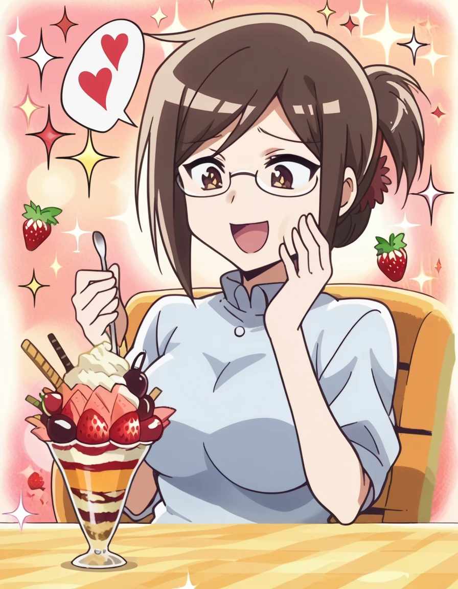 score_9, score_8_up, score_7_up, source_anime, <lora:akane-yonomori-s1-ponyxl-lora-nochekaiser:1>, akane yonomori, brown hair, hair ornament, brown eyes, glasses, folded ponytail, large breasts, anime screencap,, <lora:parfait-ponyxl-lora-nochekaiser:1>, parfait, open mouth, heart, food, sparkle, fruit, happy, hand on own face, spoken heart, ice cream, strawberry, spoon, hand on own cheek, cherry, holding spoon,, , cowboy shot, solo