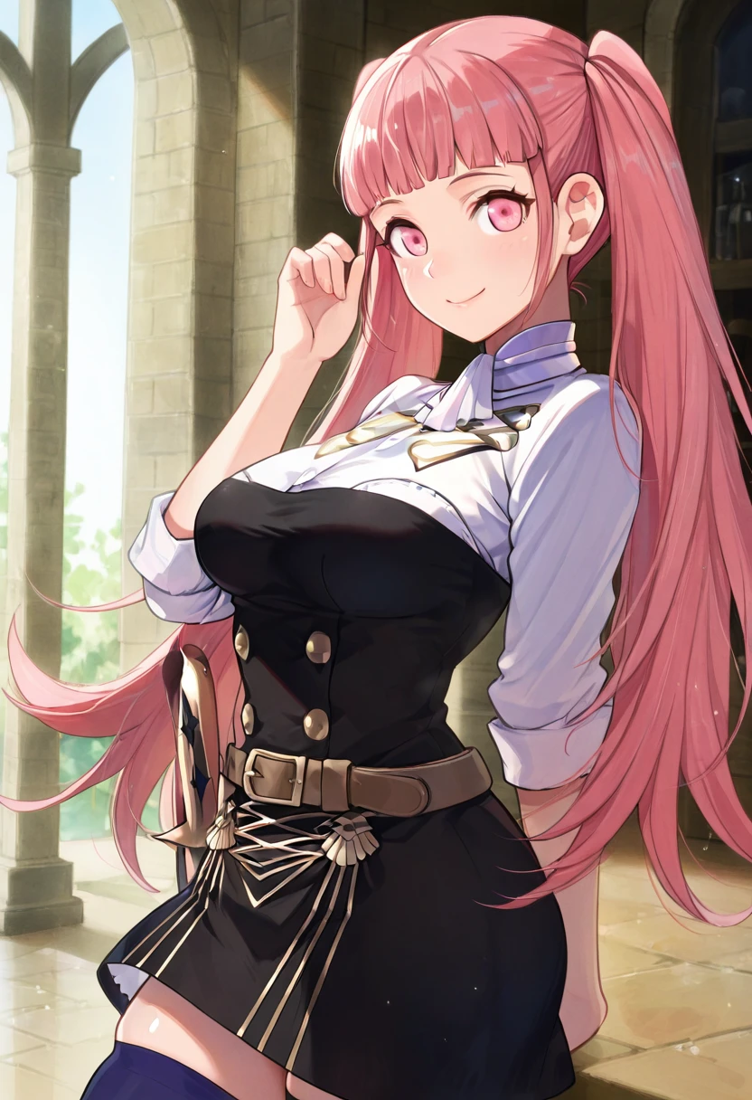 masterpiece, best quality, solo, curvy, beautiful eyes, zzHilda, pink eyes, long hair, pink hair, twintails, garreg mach monastery uniform, uniform, belt, thighhighs, blunt bangs, zettai ryouiki, medium breasts, black dress, , <lora:HildaValentineGoneril_IXL:1.0>, upper body, side view, smile, looking at viewer, shiny skin,