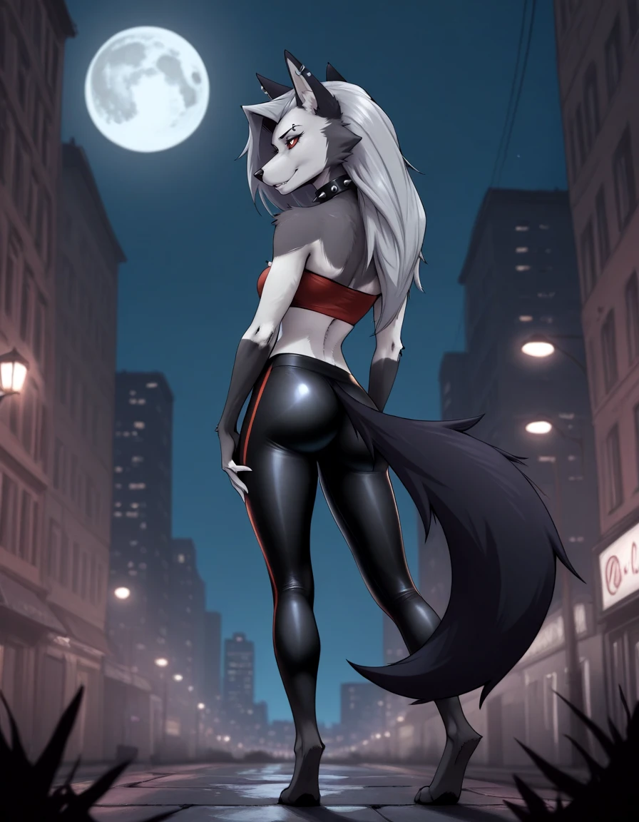 masterpiece, best quality,
outdoors,city,night,night sky,full moon,
full body,seductive smile,parted lips,long eyelashes,
standing, posing, 
shiny spandex pants, tube top,from behind, 
<lora:L00na_v01_ILXL:1>,
L00na,1girl,solo,furry female,wolf girl,red eyes,colored sclera,red sclera,grey hair,long hair,bangs,wolf ears,wolf tail,body fur,grey fur,two-tone fur,white fur,spiked collar,snout,animal nose,eyebrow piercing,ear piercing,