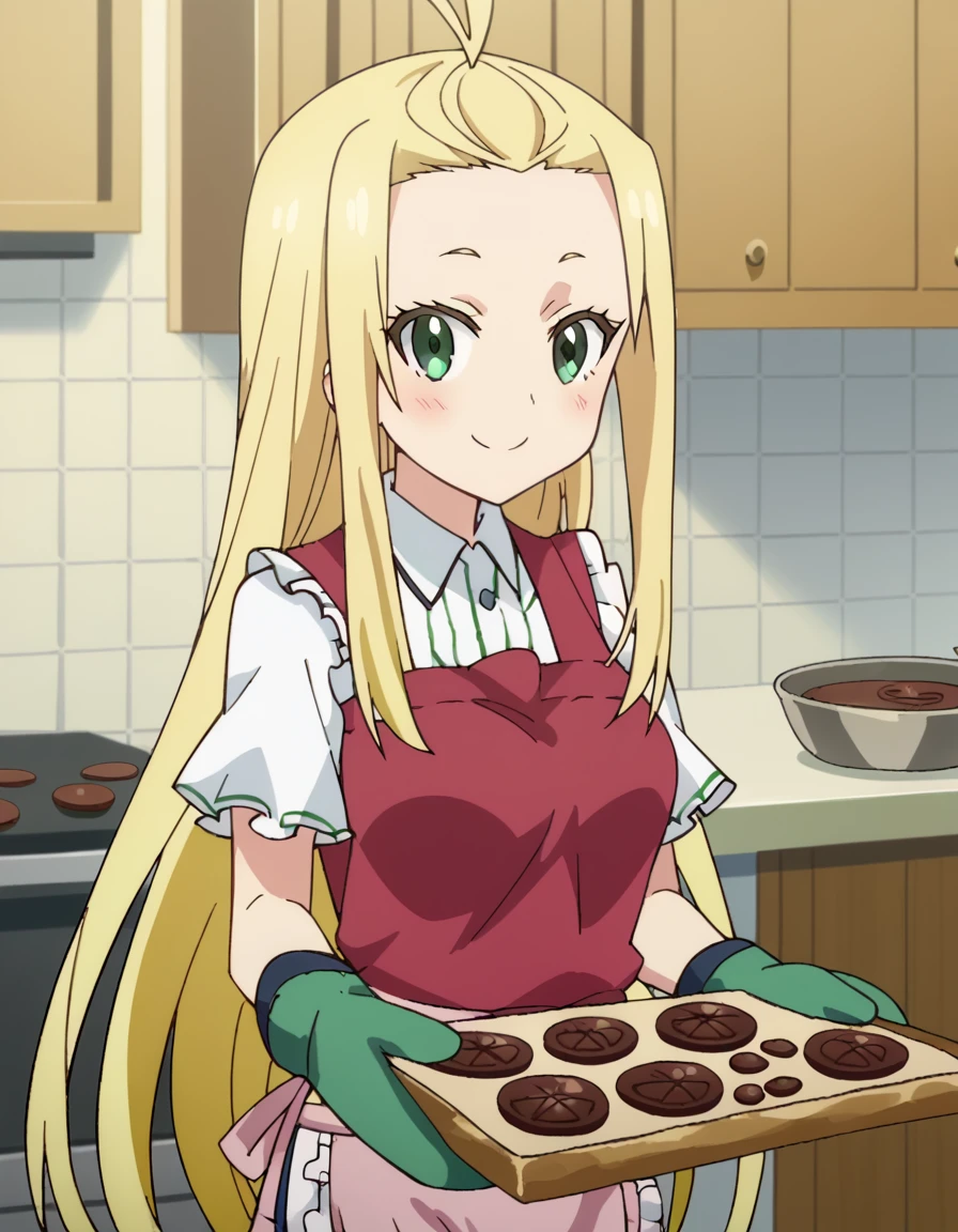 score_9, score_8_up, score_7_up, source_anime, <lora:bijutsu-collete-s1-ponyxl-lora-nochekaiser:1>, bijutsu collete, long hair, blonde hair, very long hair, ahoge, green eyes, medium breasts, anime screencap,, <lora:baking-cookies-ponyxl-lora-nochekaiser:1>, baking cookies, looking at viewer, blush, smile, gloves, holding, frills, food, indoors, apron, chocolate, cookie, oven mitts,, , cowboy shot, solo