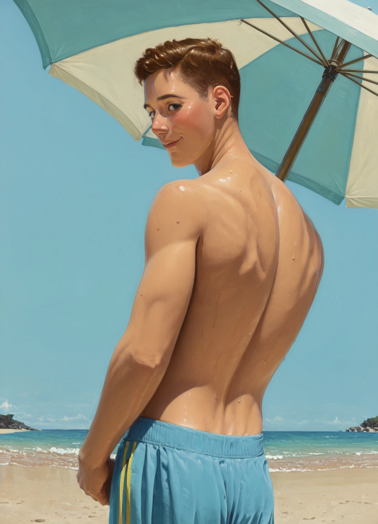 masterpiece, best quality, amazing quality, very aesthetic, absurdres, realistic, photorealistic, norman rockwell, 1boy, solo, lips, blush, light-skinned male, smile, looking at viewer, black eyes, swim trunks, looking over shoulder, sand, beach, shadow, beach umbrella, (from behind:1.1), sweat, short hair, upper body, close-up, muscular male, blue sky