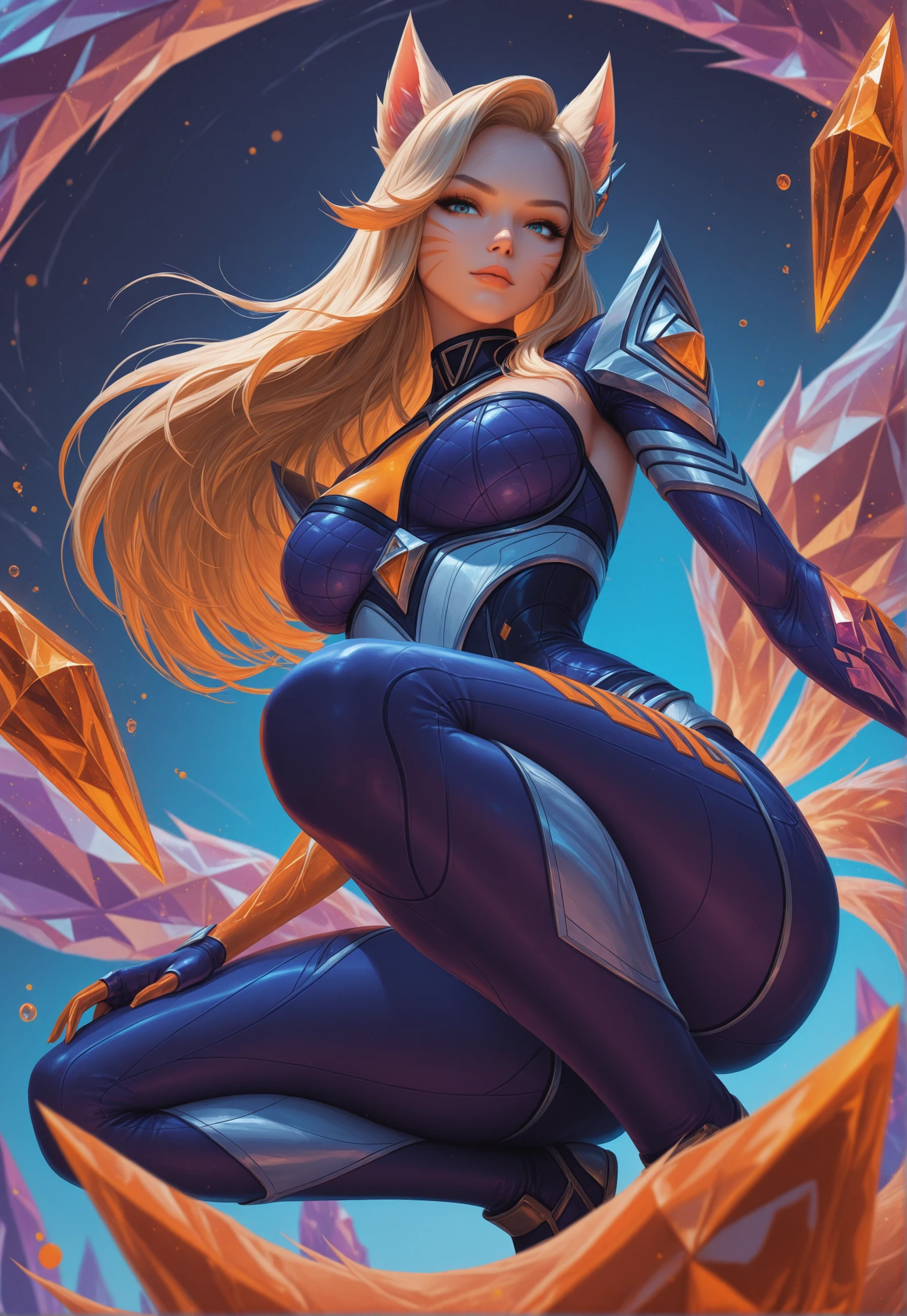 1girl, blue eyes, closed mouth,
masterpiece, best quality, looking at viewer, (vijbrant, orange accent, <lora:vijbrant:1>),
KDA Ahri, blonde hair, league of legends, dynamic motion, medium shot, medium depth of field, rule of thirds, from below, squatting pose, leg view, dynamic motion, multiple crystal tails, detailed eyes