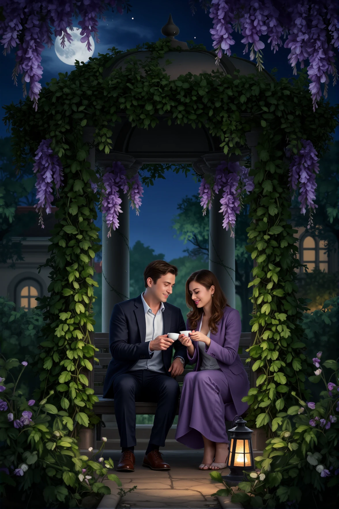 Under the arching vines of a secret garden, lovers sit beneath an ivy-covered gazebo, their fingers brushing over a shared cup of warm tea. The air is thick with the scent of blooming jasmine, and above them, the moonlight filters through wisteria, casting soft silver highlights over their quiet smiles. A lantern flickers nearby, its glow mirroring the gentle warmth radiating between them.
<lora:ethereal-romantic-glow-flux:1>