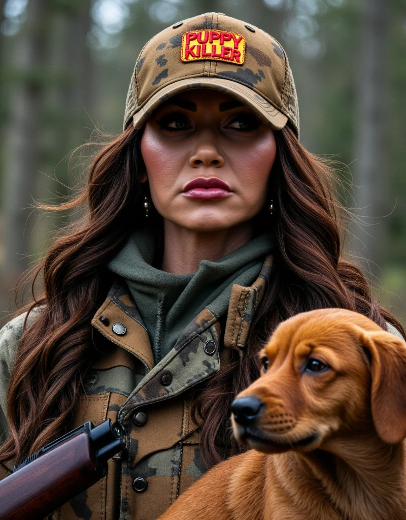 <lora:Kristi Noem:0.9> A book cover with the title :"Puppy Killer" kristi noem, a woman, full body.She wears a camouflage baseball cap and hunting gears. She holds a rifle. In the background a sad puppy.