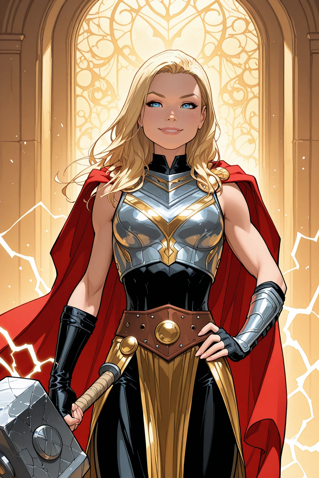 masterpiece, good quality, best quality, very awa, very as2, absurdres, highres,
<lora:Jane FosterilluLoRA:0.8>janef, long hair, blonde cape, breastplate, single bracer, fingerless gloves, belt, skirt, brown pelvic curtain, leggings, bandaged legs, holding hammer, old haouse,golden  throne, smile, cowboy shot, hand on hip
 <lora:Michael Turner Marc SylvestriStyleIlluLYCO:1.1> mtms, solo, huge hammer, electricity, shirt, hand down