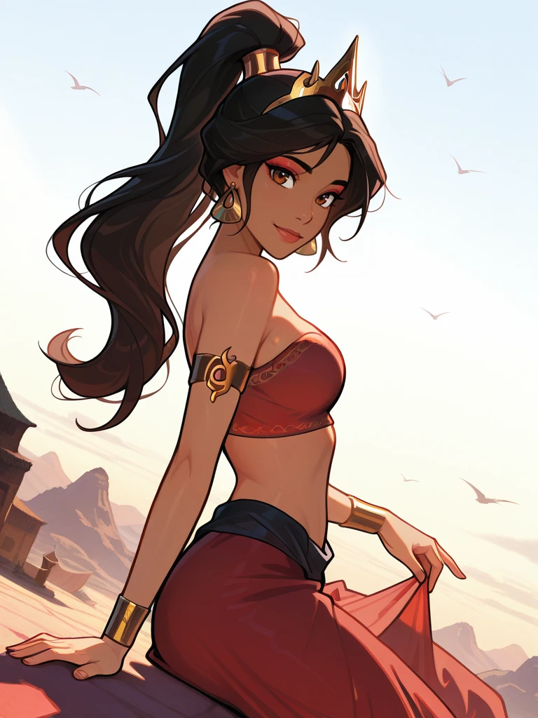 highres, hi res, best quality, masterpiece,,
1girl, medium breasts, (JasmineXL:1.1), long hair, black hair, high ponytail, brown eyes, dark skin, makeup, earrings, red harem pants, strapless, armlet, tube top, arabian clothes, crown,
light smile, dutch angle, sitting, looking at viewer, sky, outdoors, daylight, dynamic pose, from side, dress lift, cowboy shot,
<lora:frostbitev2_Illu_dwnsty:1> frostbite,
<lora:Jasmine-IL_V2:0.7>
