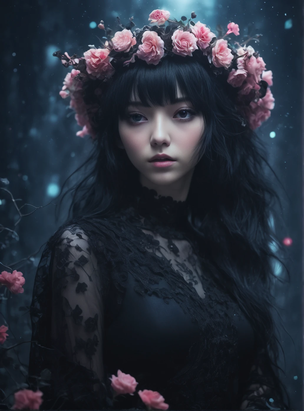 Woman in black dress, flower crown. Background: neon shades, luminous elements, dynamic splashes, surreal intensity, ethereal energy, emotional atmospheres, otherworldly themes. Style: Gothic, cinematic photo, anime artwork, hyperrealistic. Influences: Takato Yamamoto, Otake Chikuha, Eiko Ishioka, Serge Lutens, Yuko Tatsushima, Hana Yata, Yuki Ogura, Natalie Shau, Kan Sanraku. High-resolution details, photographic realism, fine texture, lifelike. Format: 35mm photograph, film, bokeh, 4k, highly detailed. Anime style, key visual, vibrant, studio anime.