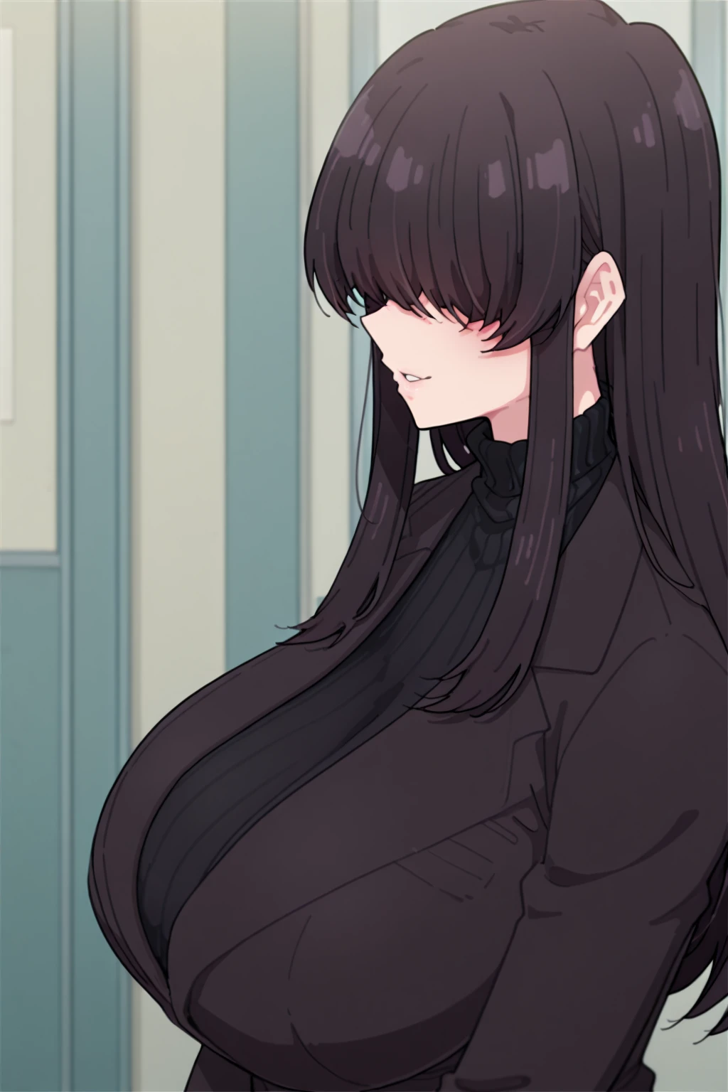 Anime girl with long black hair and black top standing in front of a ...