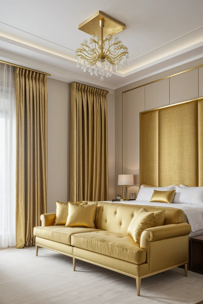 <lora:JJsAffordableLuxury:1> , ((affordable luxury)), ,ultra realistic, masterpiece, best quality,tv , ceiling light, (fabric sofa), table, flower, curtain, window, bed, painting, gold, center composition, photography, capturing moments, storytelling, creative composition