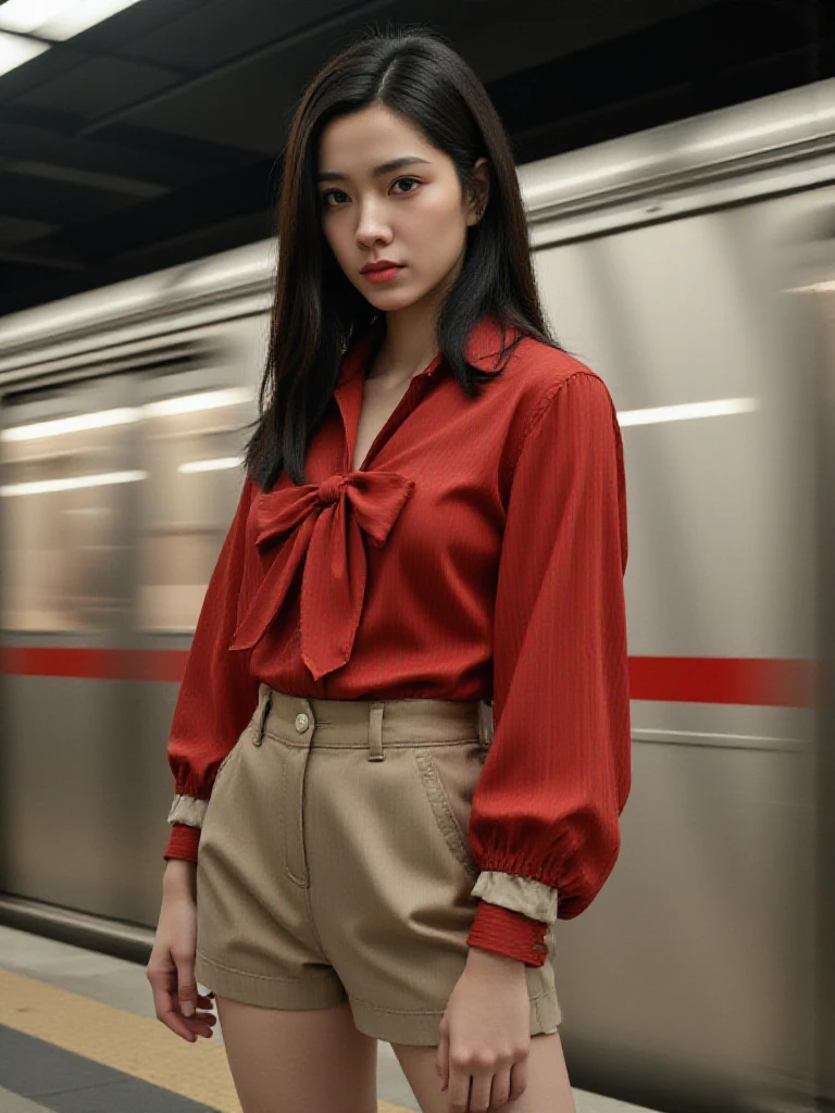 (text "Buzz Me Please" in sky:1.2),There are wonderful studio lights and various reflections,
18yo girl her face is very delicate,skin naturally showing the texture of blood vessels and detailed pale skin,
<lora:flux_realism_lora>,
<lora:zhuangdf_f1_epoch_11:1>,chinese actress,
A fashion editorial set in a subway station featuring an elegant Asian model. The model has sleek,straight black hair and is dressed in a high-fashion outfit,consisting of a sheer,flowing red blouse tied with an oversized bow,paired with tailored,high-waisted beige shorts. She stands confidently in the foreground as a train rushes by in a blur of motion,creating a dynamic backdrop. The setting is urban,with moody,cinematic lighting that enhances the modern,sophisticated vibe. The modelâs pose is bold and captivating,perfectly blending grace and strength as she gazes intensely towards the camera. The overall composition merges high fashion with an urban,fast-paced environment,creating a striking,visually engaging scene.,