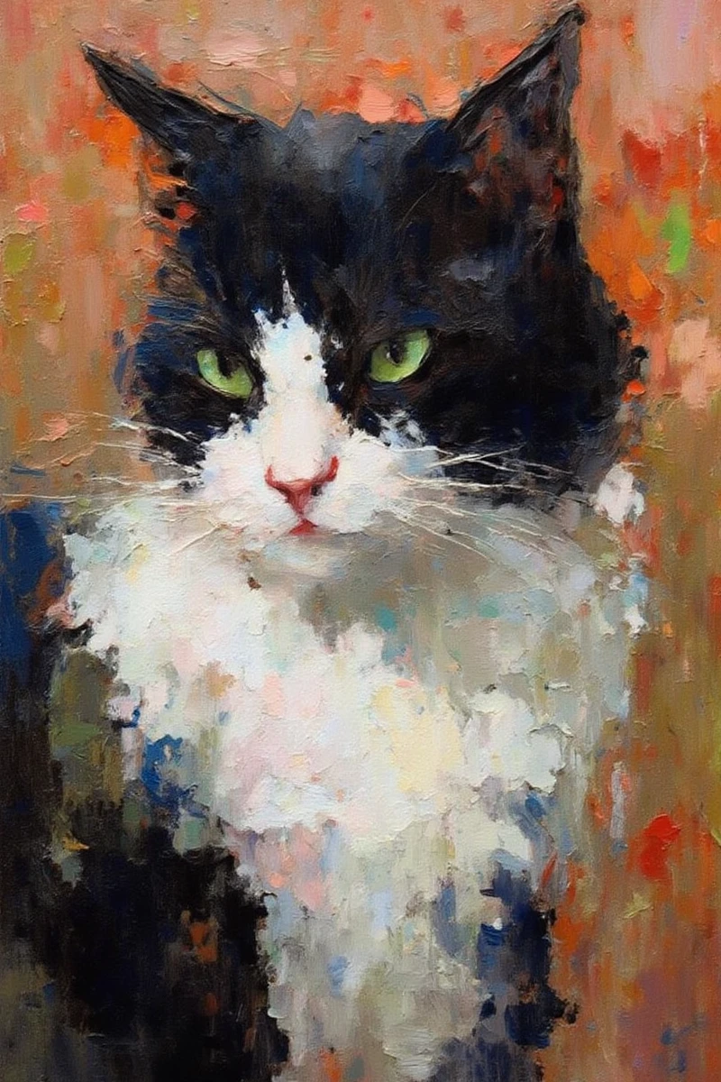 Impressionist_Style,An impressionistic oil painting of a black and white cat with striking green eyes,set against a textured,abstract background of warm,earthy tones. The cat's fur is meticulously detailed,with a fluffy white chest and black ears and face. The painting style is impressionistic,with visible brushstrokes adding depth and emotion,
impressionistic style,Loose Brushwork,Impasto,Capturing Light and Atmosphere,Optical Mixing,impressionistic painting,Oil Painting,The brushstrokes are bold and textured,creating a dynamic lively scene,by Claude Monet,by Renoir,by Edgar Degas,by Camille Pissarro,