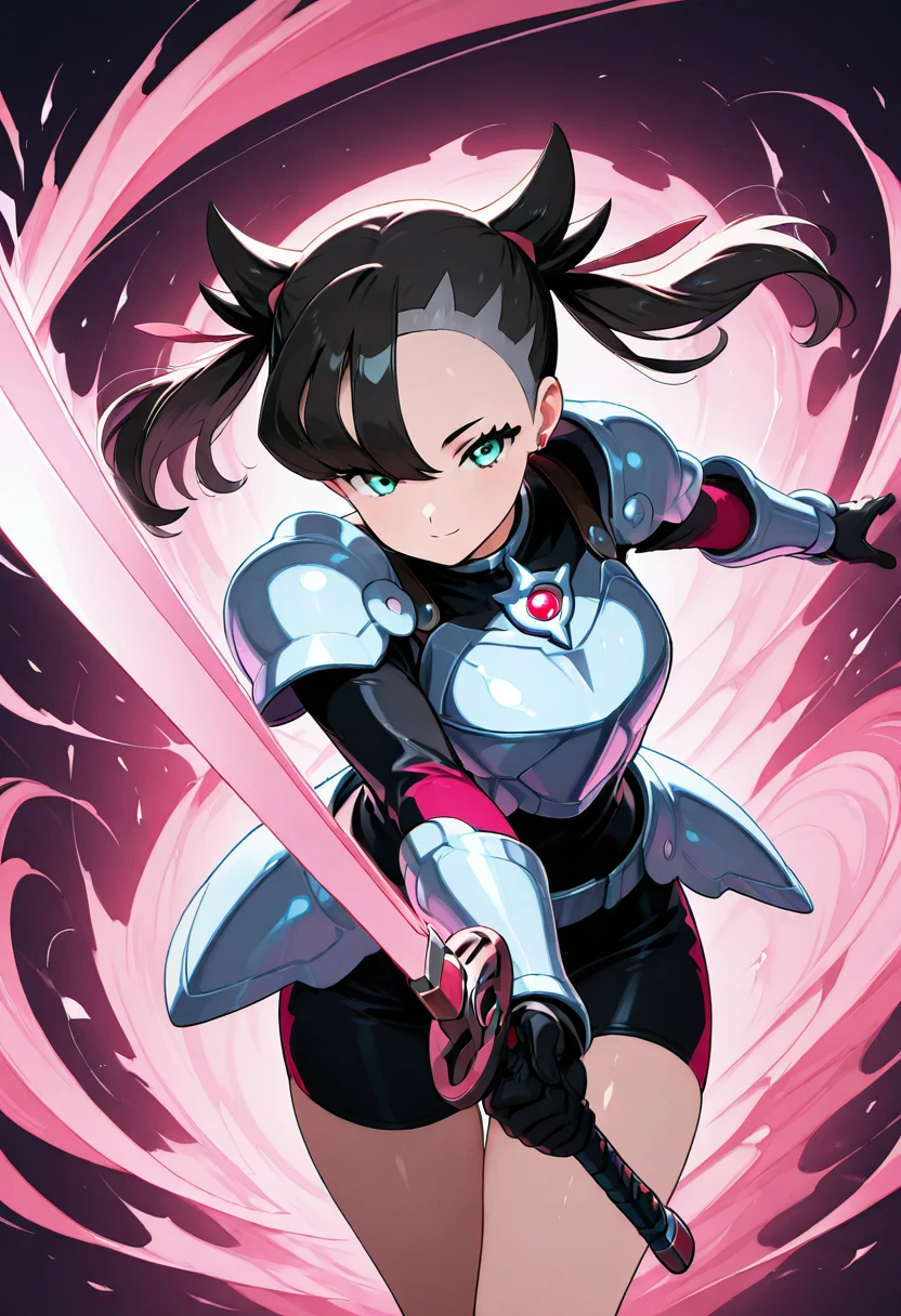 masterpiece, best quality, solo, curvy, beautiful eyes, zzMarnightCitron, aqua eyes, black hair, asymmetrical bangs, twintails, hair ribbon, ribbon, jewelry, earrings, medium hair, armor, shoulder armor, breastplate, gloves, black gloves, (dynamic pose, sword, incoming attack, motion lines,:1.2) , <lora:MarnightCitronOC_IXL_v1:1.0>, from above, dynamic pose, cowboy shot, smile, looking at viewer, shiny skin,