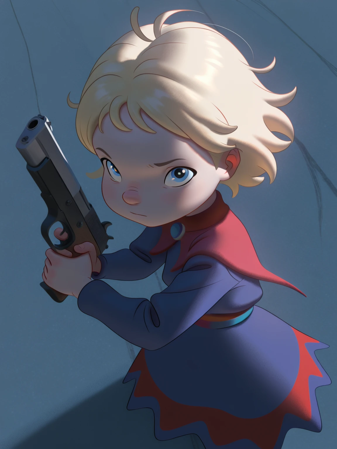 masterpiece, best quality, amazing quality, very aesthetic, absurdres, newest, dynamic_angle, defined facial features, clear picture, <lora:Margu_ILv0a:0.9>
margu, short hair, go do a crime, holding gun, blonde hair, blue-red dress