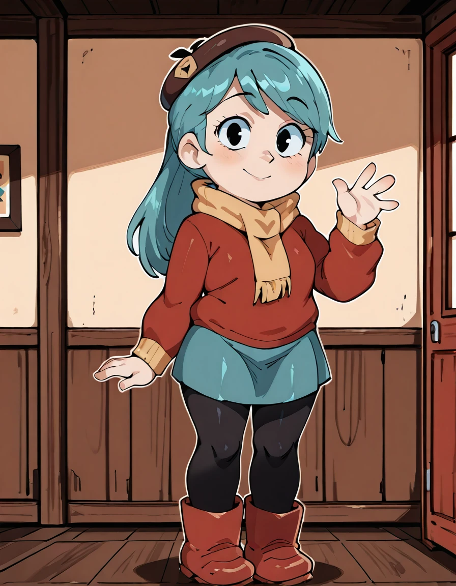 boots, black pantyhose, pantyhose, red footwear, looking at viewer, waving, beret, black eyes, smile, skirt,aqua hair, <lora:Hilda_Netfelx_Show_1.0:1>
