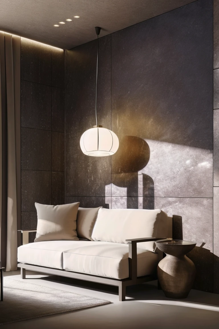 <lora:JJsWabiSabiStyle:1> , (wabi sabi), ((best quality)),((masterpiece)),((realistic)), photorealistic, authentic, soft lighting, ,indoor scenery,sofa, table ,ceiling light, window , wall,