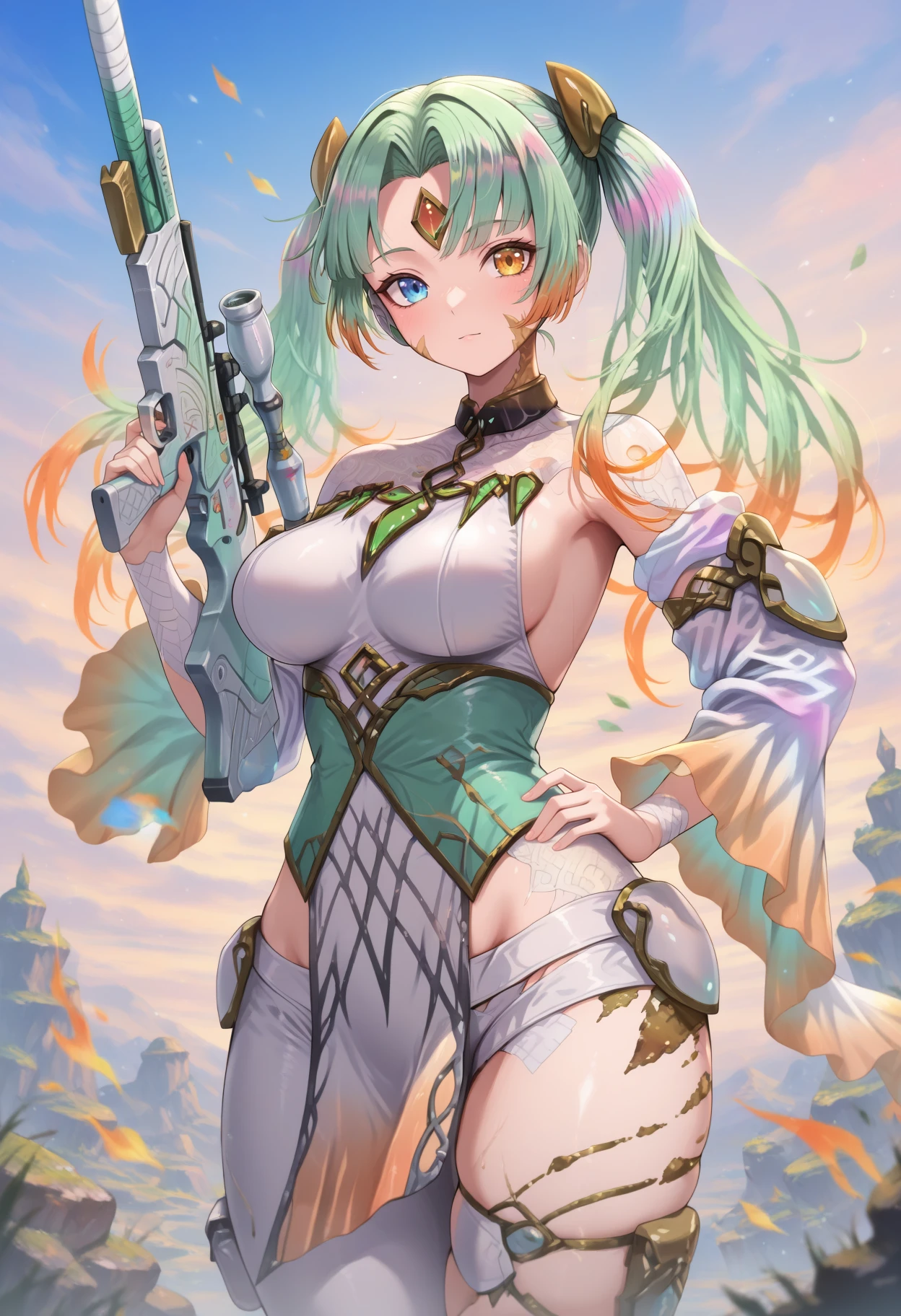 Military green translucent armor，Arm mecha，light blue short hair，Braided hairstyle，Large Breasts，Cleavage，Pistol hanging from waist，fighter pilot，fighter hangar，Sexy，Lipstick，miss，Golden Eyes，stockings，Short skirt，Smile