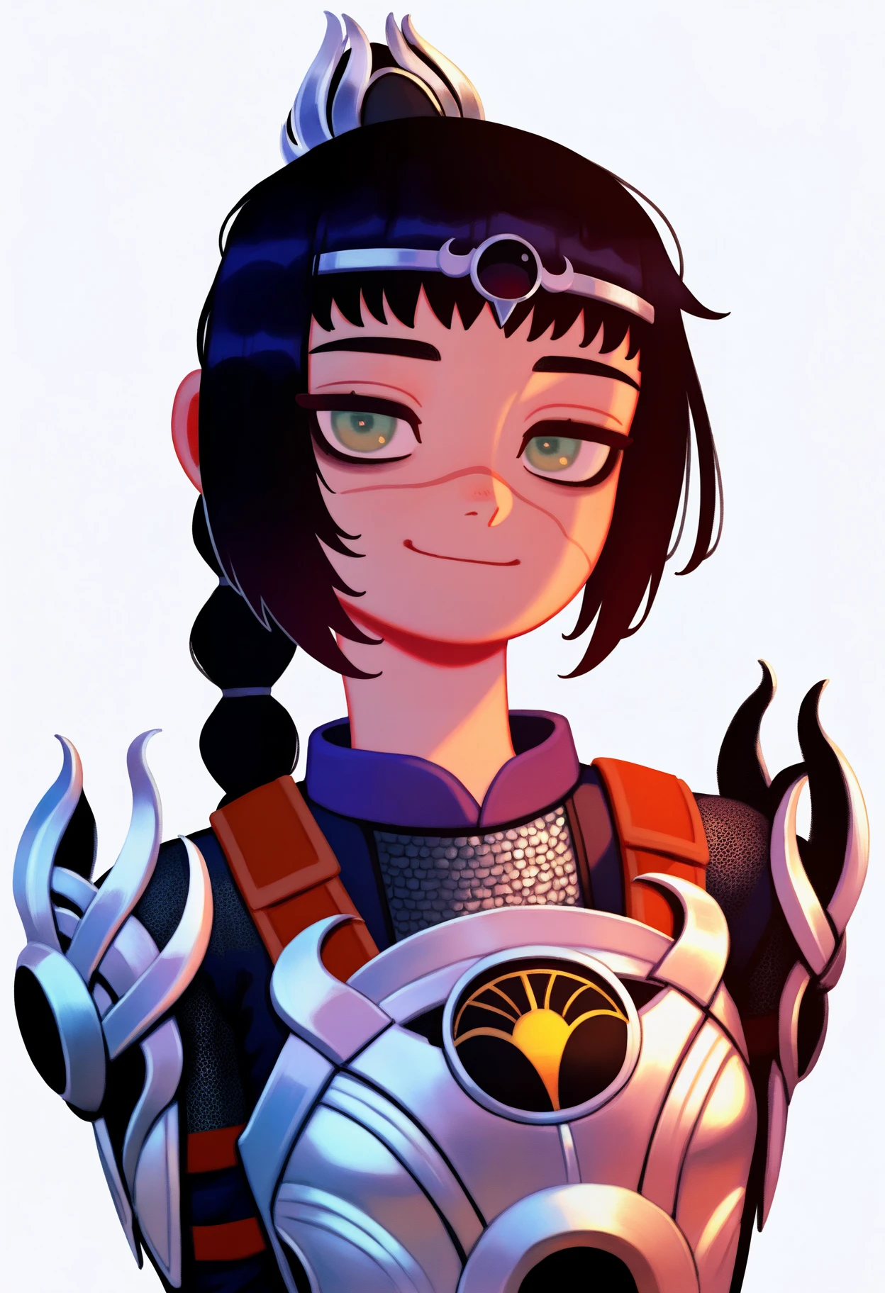 best quality, amazing quality, very aesthetic, absurdres, kunitarou-art,
BREAK
1girl, solo, shadowheart, black hair, braided ponytail, green eyes, scar on face, circlet, armor,
smile, looking at viewer, upper body, simple background, white background, <lora:ShadowHeartIllustrious_byKonan:0.8>, <lora:KunitaroNoobLocon_byKonan:1>