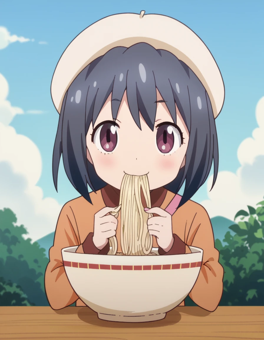 score_9, score_8_up, score_7_up, source_anime, <lora:bijutsu-moeka-s1-ponyxl-lora-nochekaiser:1>, bijutsu moeka, short hair, bangs, black hair, blue hair, purple eyes, anime screencap,, long sleeves, hat, dress, beret,, floating island, sky, clouds, greenery, magical, smile, <lora:ai-drawing-anime-characters-eating-ramen-ponyxl-lora-nochekaiser:1> ai drawing anime characters eating ramen, ai drawing anime characters eating ramen (meme), ramen, noodles, meme, bowl, eating, restaurant, blush, cowboy shot,, looking at viewer, solo,, cowboy shot, solo