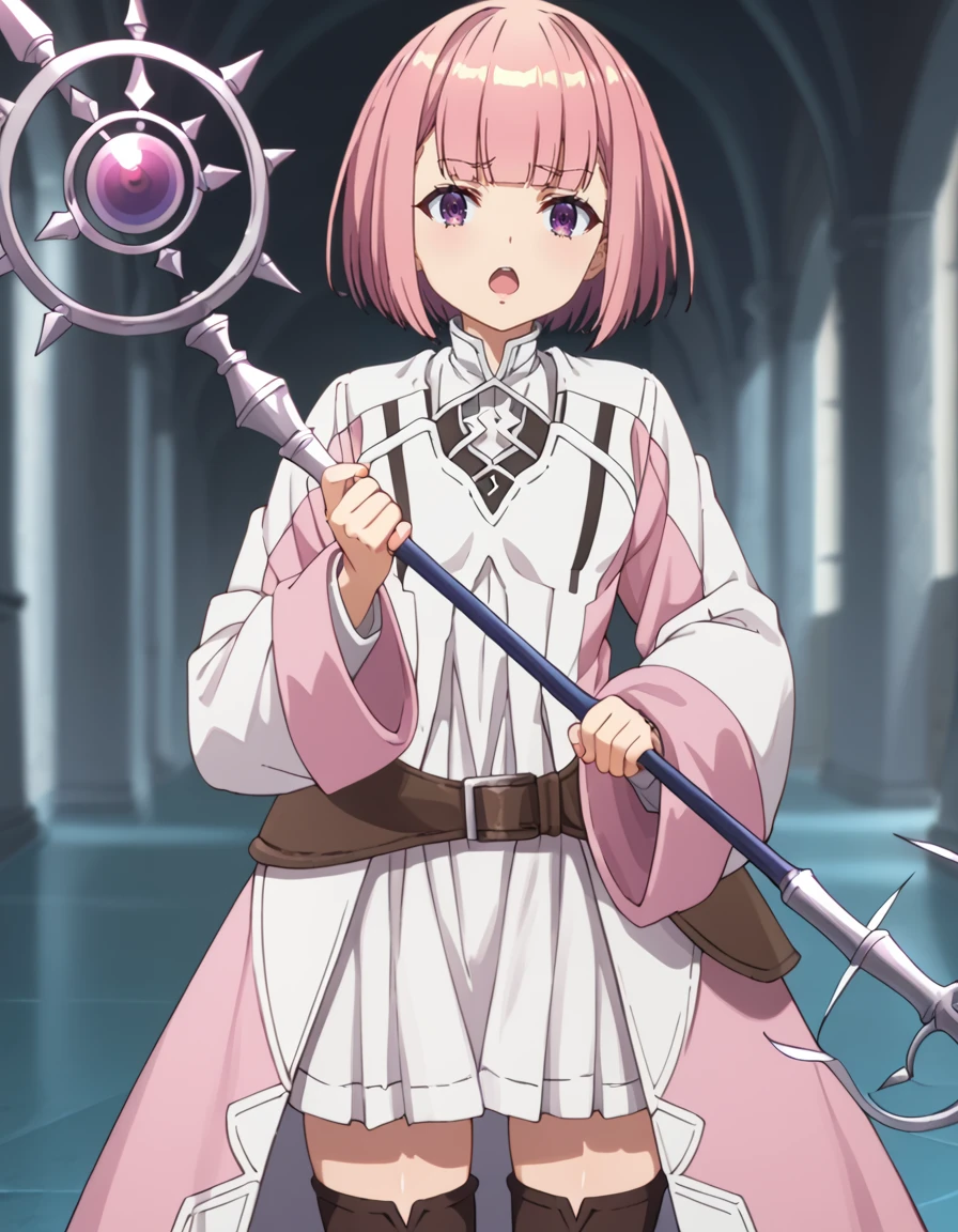 score_9, score_8_up, score_7_up, source_anime, BREAK
1girl, solo, looking at viewer, blurry background, holding staff, fighting stance, dungeon, dark enviroment, open mouth, casting spell, magic circle,
short hair, pink hair, bob cut, blunt bangs, purple eyes,
white dress, pink coat, long sleeves, wide sleeves, belt, brown thighhighs,
lululi ashford (girumasu),
<lora:lululi_ashford-girumasu_s1-pxl-anime-soralz:1>