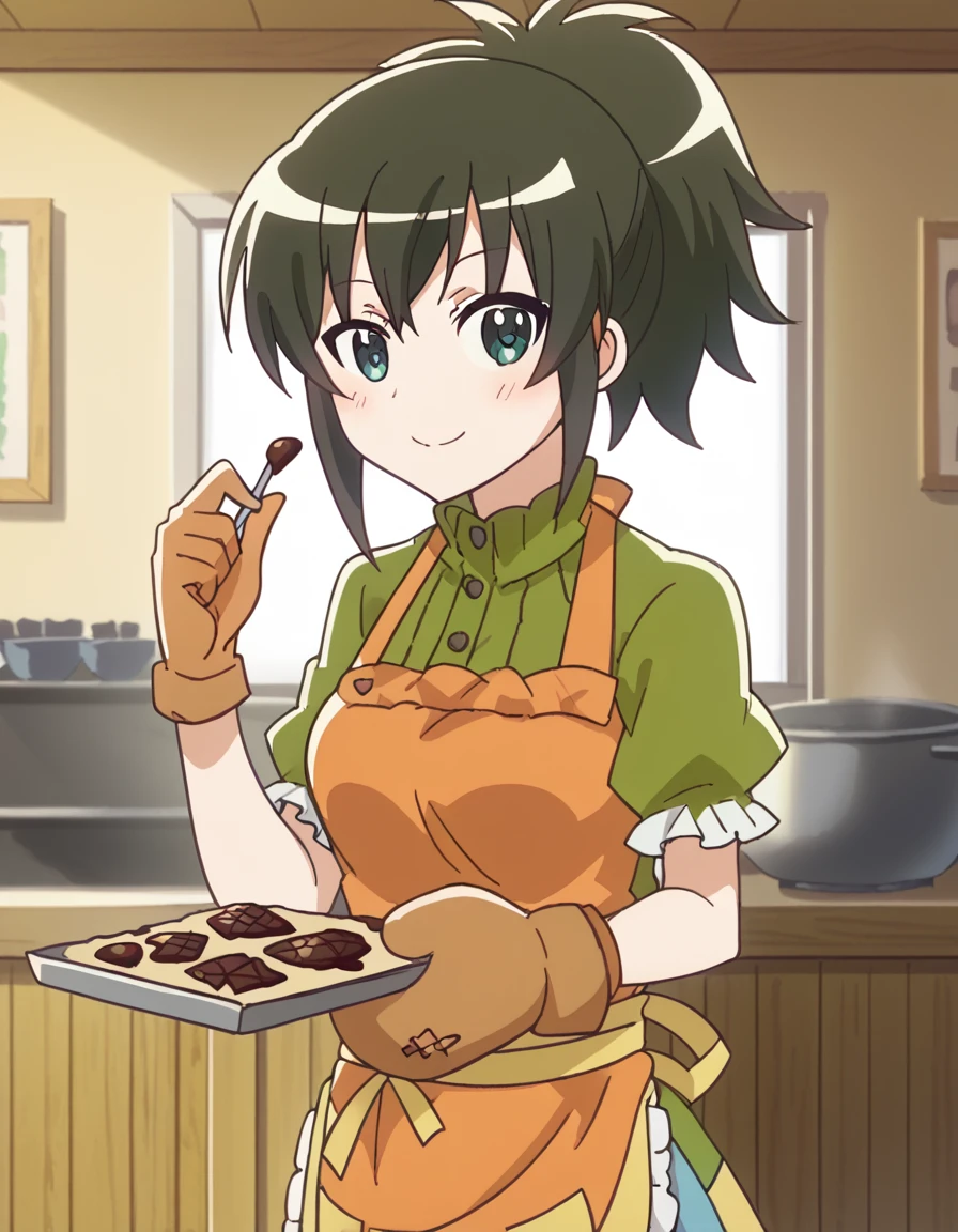 score_9, score_8_up, score_7_up, source_anime, <lora:niko-oono-s1-ponyxl-lora-nochekaiser:1>, niko oono, black hair, ponytail, green eyes, medium breasts, anime screencap,, <lora:baking-cookies-ponyxl-lora-nochekaiser:1>, baking cookies, looking at viewer, blush, smile, gloves, holding, frills, food, indoors, apron, chocolate, cookie, oven mitts,, , cowboy shot, solo