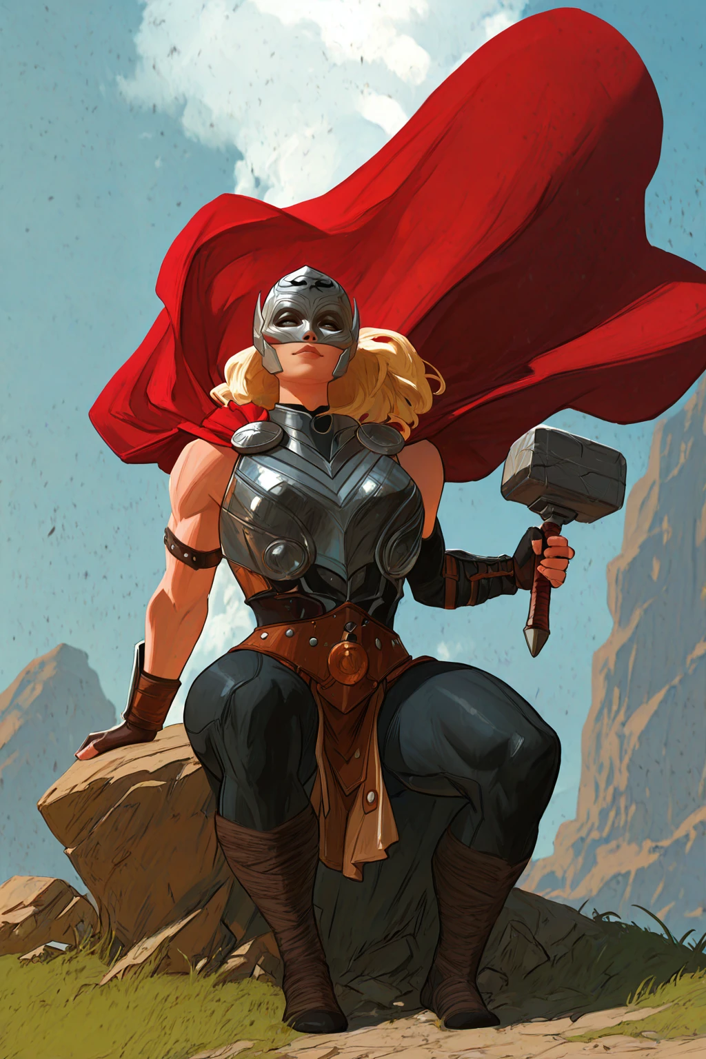 masterpiece, good quality, best quality, very awa, very as2, absurdres, highres,
<lora:Jane FosterilluLoRA:1>janef, helmet, long hair, mask, cape, breastplate, single bracer, fingerless gloves, belt, skirt, pelvic curtain, leggings, bandaged legs, holding hammer, smile, sitting in a rock, grass, water fall in distance, planted weapon