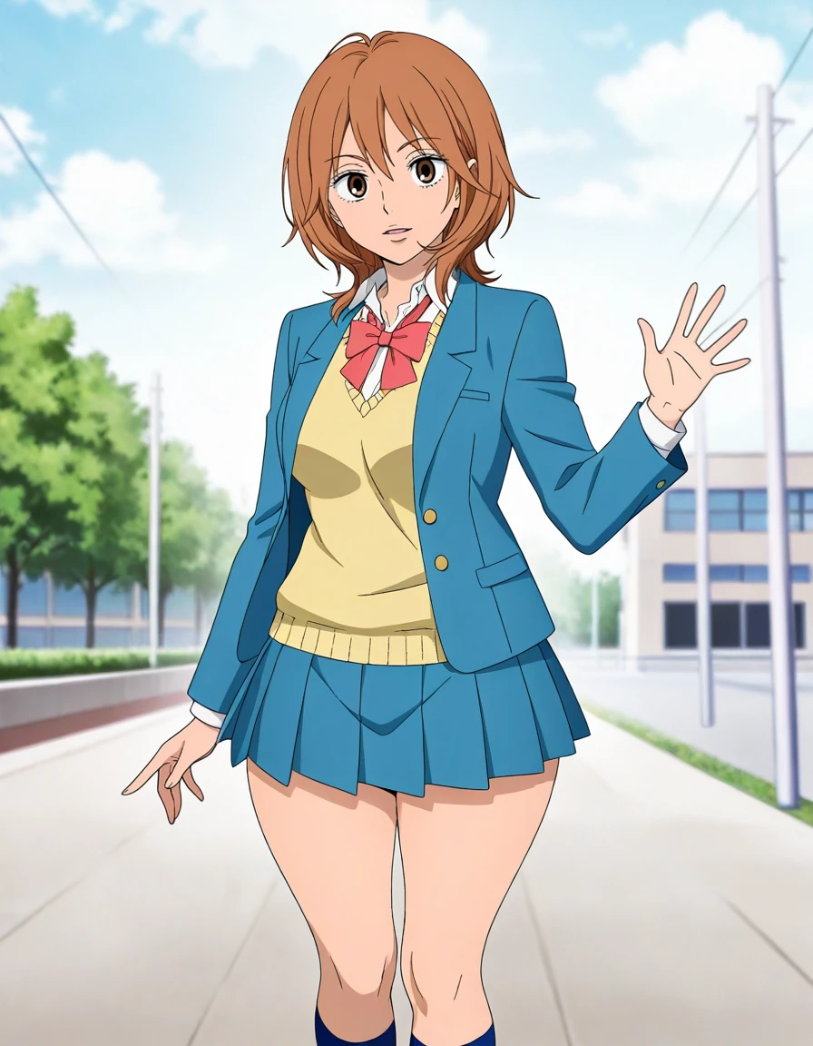 1girl, solo, yano ayane, kimi ni todoke, general, smile, waving, medium hair, brown hair, brown eyes, lips, blue jacket, yellow sweater vest, blue skirt, red bowtie, blue socks, medium breasts, thick thighs, medium breasts, thick thighs, outdoors, masterpiece, highres, absurdres, very aesthetic, newest, best quality, good quality