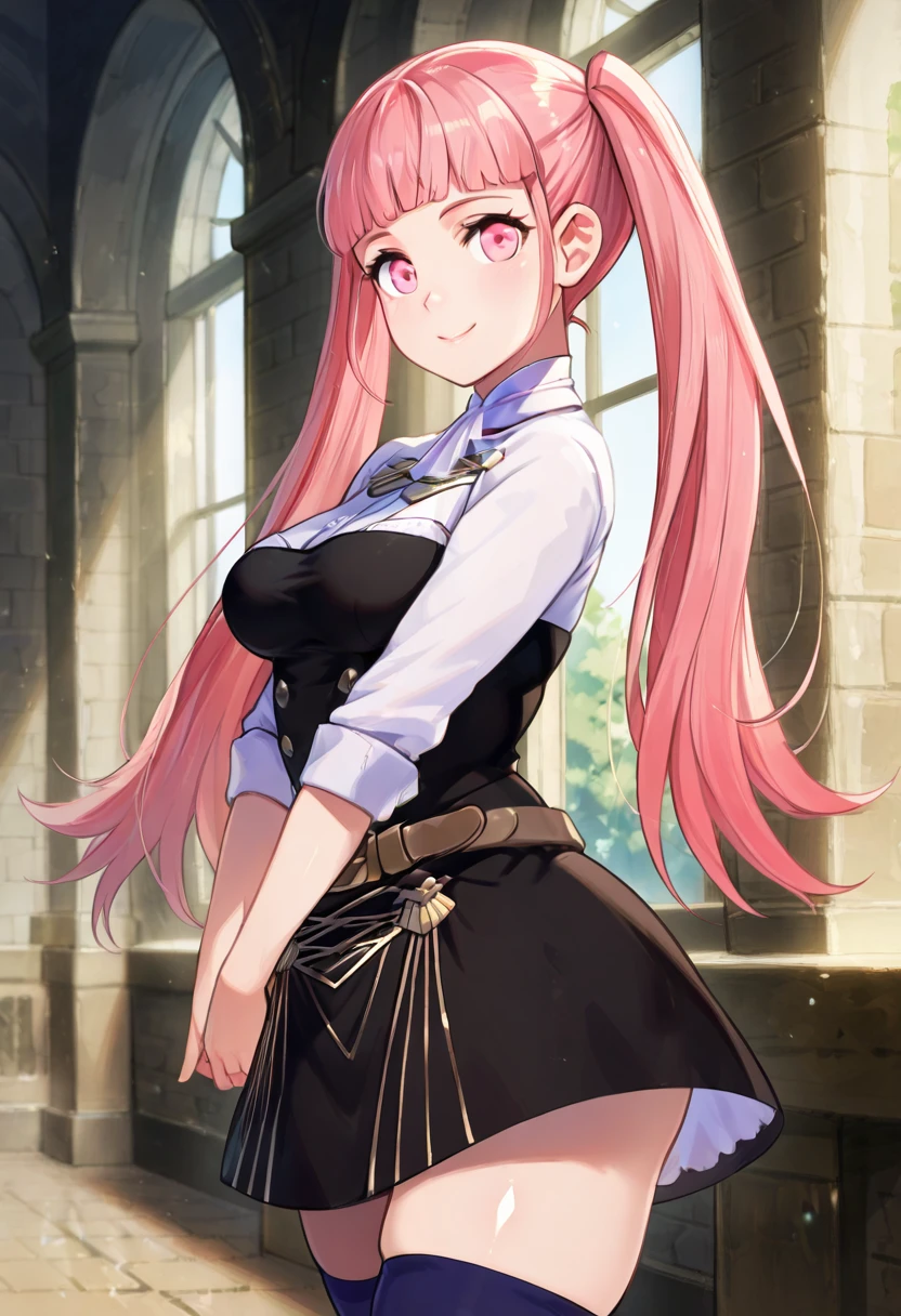 masterpiece, best quality, solo, curvy, beautiful eyes, zzHilda, pink eyes, long hair, pink hair, twintails, garreg mach monastery uniform, uniform, belt, thighhighs, blunt bangs, zettai ryouiki, medium breasts, black dress, , <lora:HildaValentineGoneril_IXL:1.0>, upper body, side view, smile, looking at viewer, shiny skin,