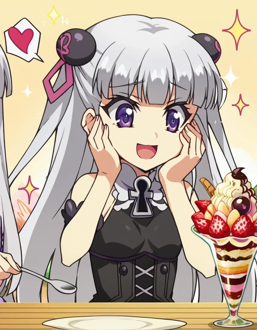 score_9, score_8_up, score_7_up, source_anime, <lora:maria-naruse-s2-ponyxl-lora-nochekaiser:1>, maria naruse, long hair, purple eyes, grey hair, blunt bangs, half updo, hair ornament, mature female, small breasts, anime screencap,, <lora:parfait-ponyxl-lora-nochekaiser:1>, parfait, open mouth, heart, food, sparkle, fruit, happy, hand on own face, spoken heart, ice cream, strawberry, spoon, hand on own cheek, cherry, holding spoon,, , cowboy shot, solo