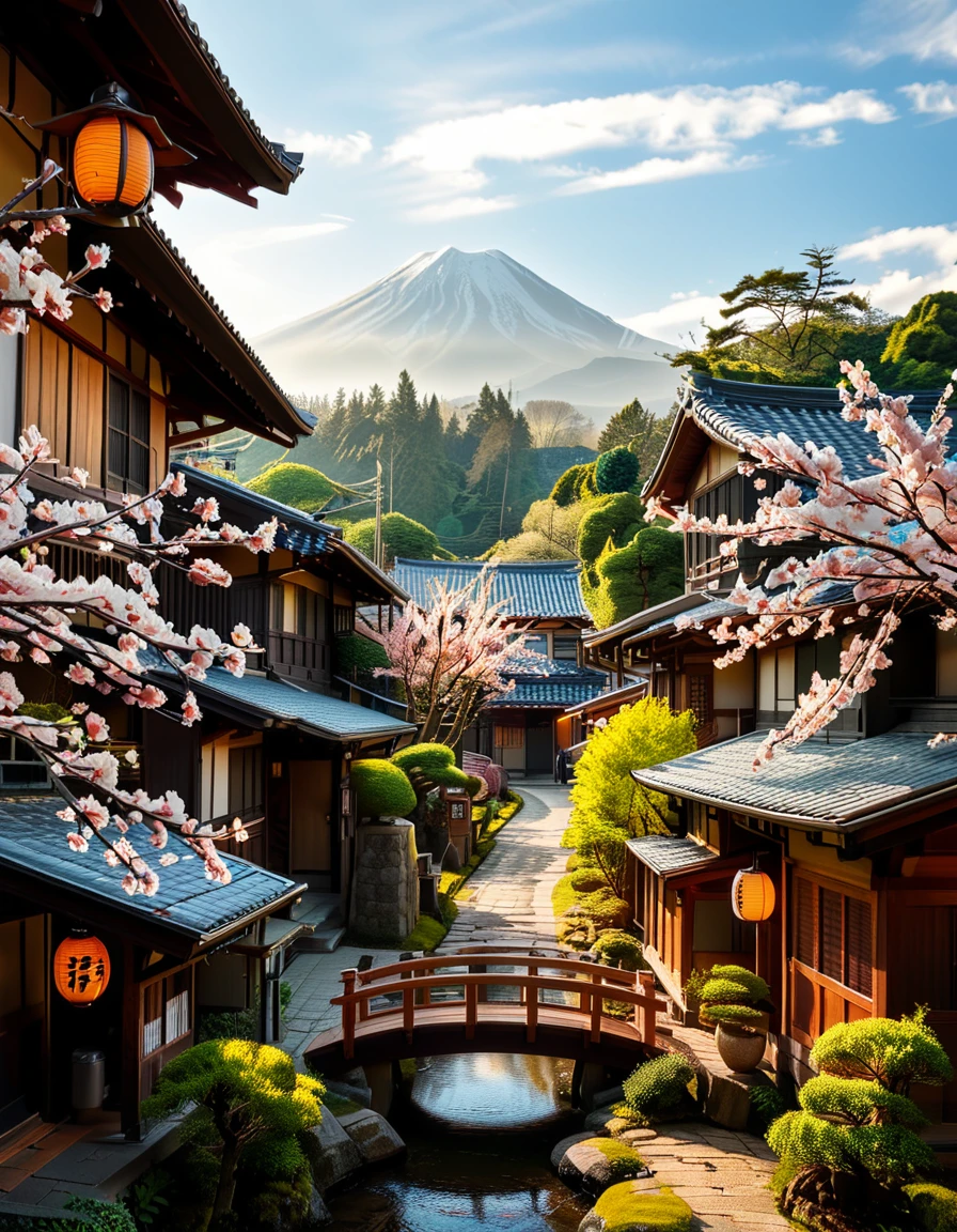 A picturesque traditional Japanese village nestled in a serene valley, surrounded by lush green mountains under a soft morning mist. The village consists of wooden houses with thatched roofs (gassho-zukuri style), showcasing intricate wooden details and sliding paper doors. A narrow stone-paved path winds through the village, leading to a small red torii gate at the entrance of a Shinto shrine. Cherry blossoms in full bloom line the streets, their pink petals gently falling in the breeze. A tranquil river flows through the village, crossed by an old wooden bridge with moss-covered stones. Villagers in traditional kimonos and straw hats go about their daily livesâan elderly man sweeping his porch, a woman carrying a basket of fresh produce, and children playing near a koi pond. The atmosphere is peaceful and nostalgic, with warm sunlight filtering through the trees, casting dappled shadows on the ground. The scene is rich in traditional Japanese aesthetics, evoking a sense of harmony and timeless beauty.
<lora:SDXLFaeTastic2400:0.4> <lora:extremely_detailed:0.4> extremely detailed,<lora:traditional_Japanese_v1ll4g3:1>,traditional Japanese v1ll4g3, Masterpiece,best quality,hi res,8k,hi res,8k,award winning,(sharp focus, intricate, highly detailed),