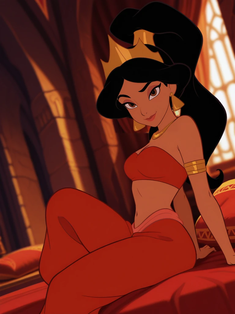 (official style:1.1), blurry background
1girl, medium breasts, (JasmineXL:1.1), long hair, black hair, high ponytail, brown eyes, dark skin, makeup, earrings, red harem pants, strapless, armlet, tube top, arabian clothes, crown,
naughty face, evil smile, dutch angle, naughty pose, looking at viewer, vegetation, indoors, palace, pillows, on bed, sitting, daylight, portrait, dynamic pose, cowboy shot, hads at side, open legs, from side,
<lora:Jasmine-IL_V2:1>