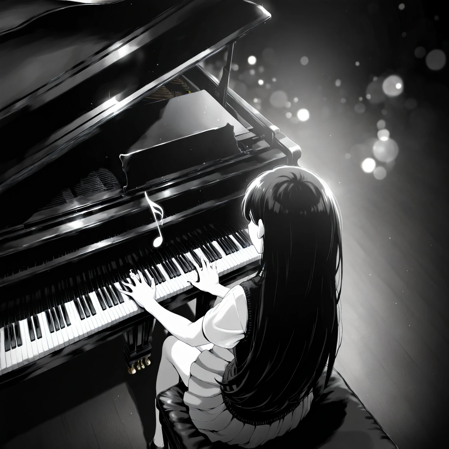 cinematic photo masterpiece, best quality, absurdres, creative angle, 1girl, mari \(omori\), sitting, grand piano, monochrome, from above, musical note, looking down, facing away, playing piano, 35mm photograph, film, bokeh, professional, 4k, highly detailed, <lora:Creative-Angle_v2_NAIXL:0.9>